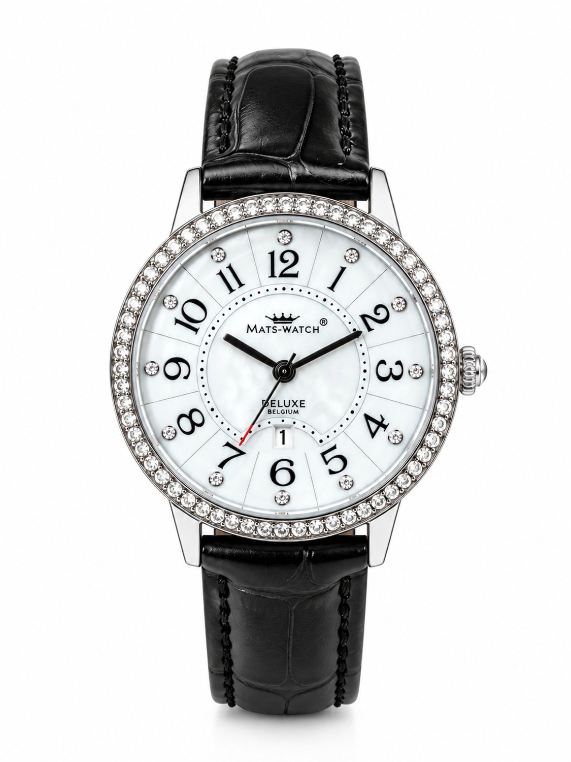 Mats-Watch - Zirconia - Dameshorloge - Zilverkleurige Kast - Zwarte Leren Horlogeband - Quartz - Waterdicht