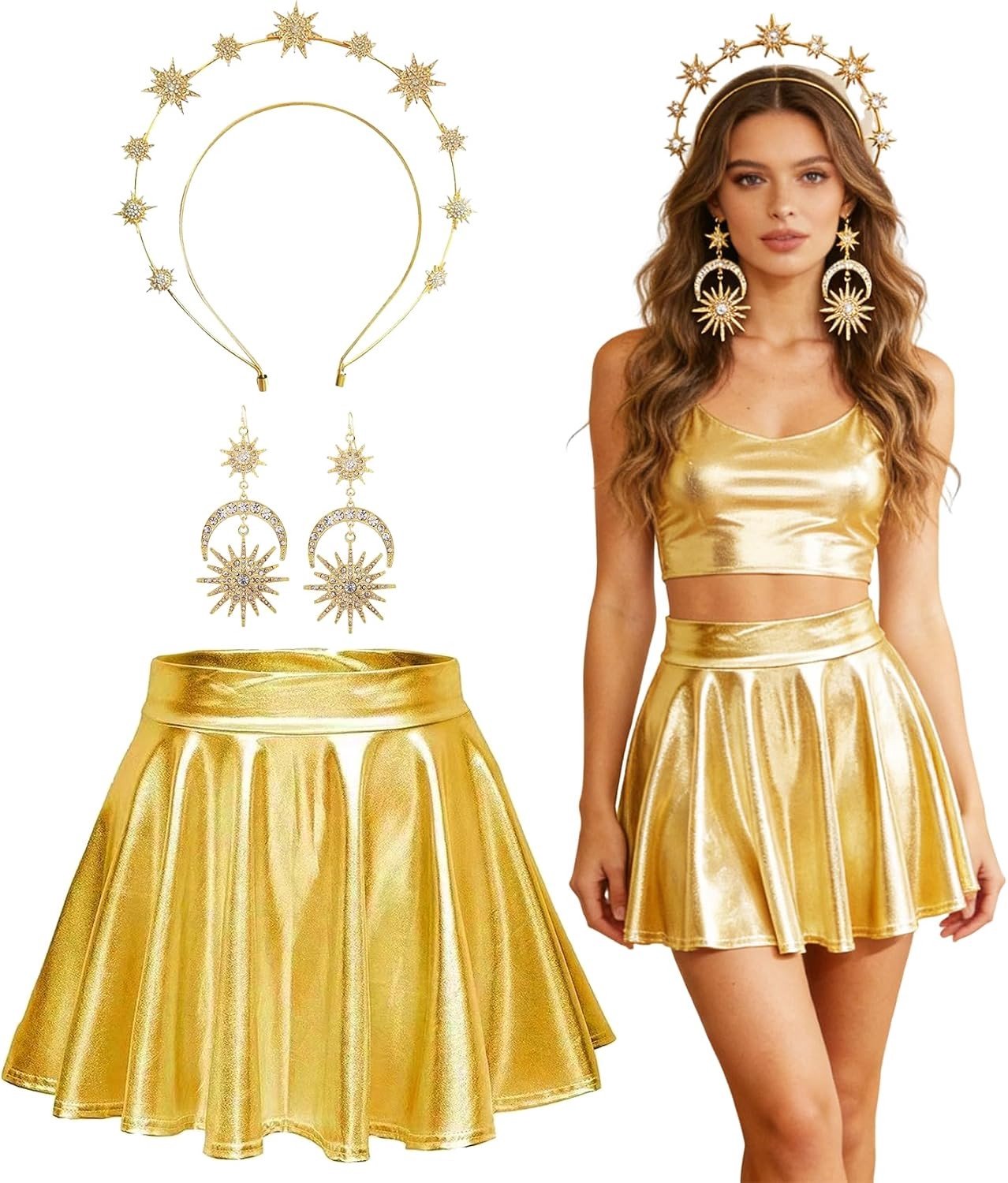Zon en maan kostuum voor dames, 3-delige set met gouden bordenrok, zonnehaarband en oorbellen voor carnaval en Halloween feestjes