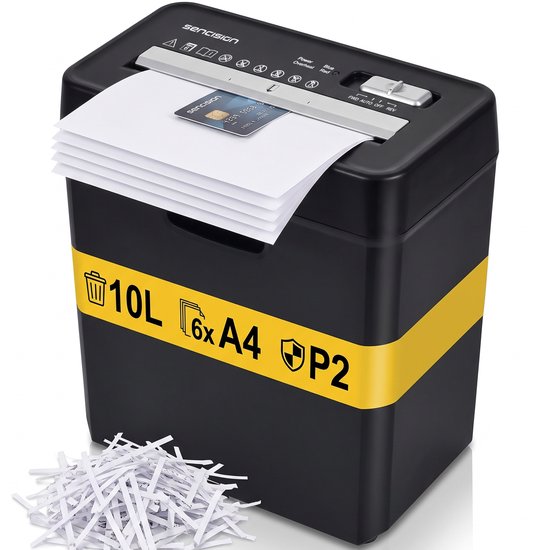 Zwarte Sencision papierversnipperaar met 10L opvangbak, geschikt voor 6 vellen A4, P2 beveiliging.