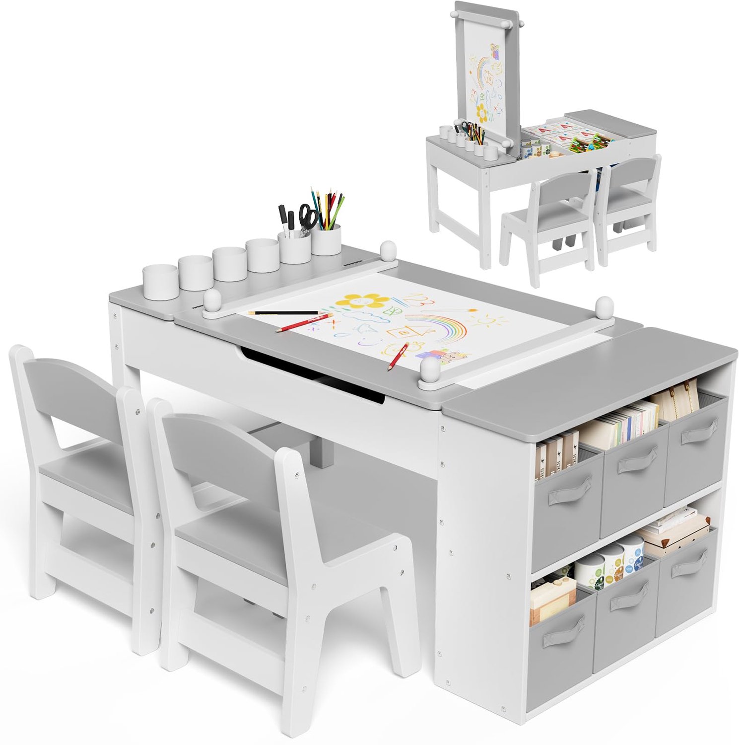 LIFERUN Houten Kindertafel met 2 stoelen - Omkeerbaar Speeltafel