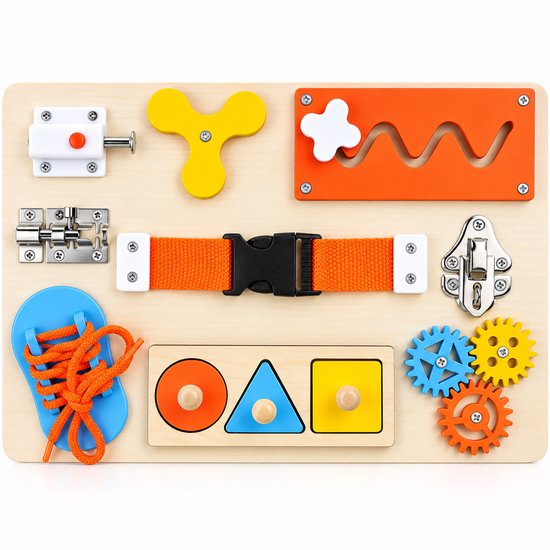 Montessori Busy Board Hout met Vormenpuzzel & Sloten