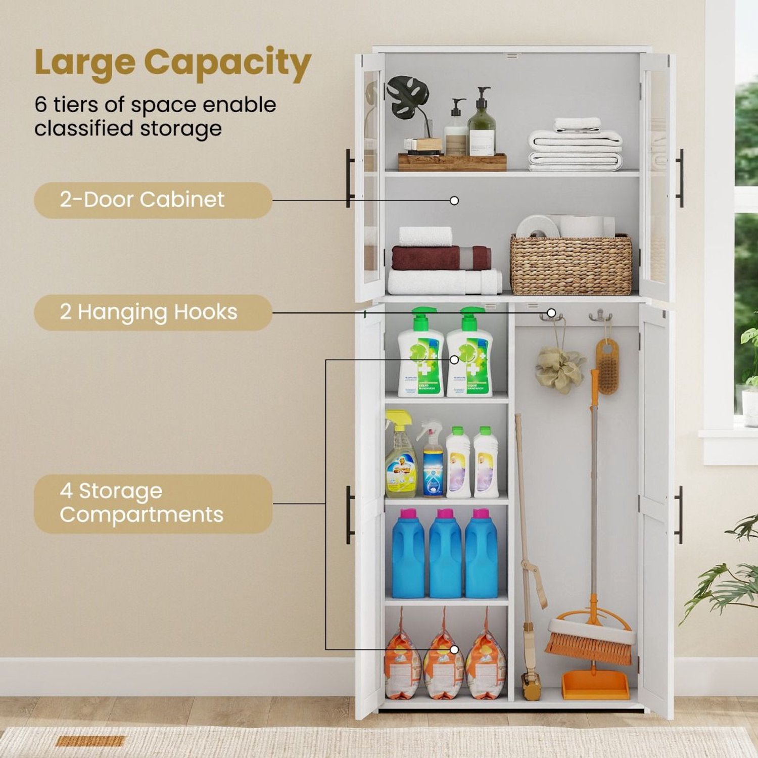 SureDeal® - Badkamerkast - Bezemkast Praktische Houten - Deuren Planken - Haken - 70x30x168 cm - Wit