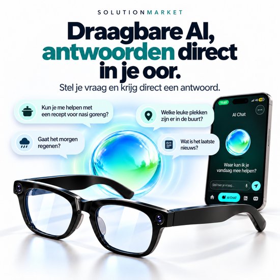 SolutionMarket Camera Bril / Smart Glasses – 8MP – Full HD – AI Vertaling – Bellen & Muziek – Clip-on Zonnebril – Zwarte Oplaadcase — afbeelding 3