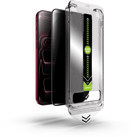 Gehard glazen screenprotector in transparante Easy App-houder, klaar voor installatie op een donkere smartphone.