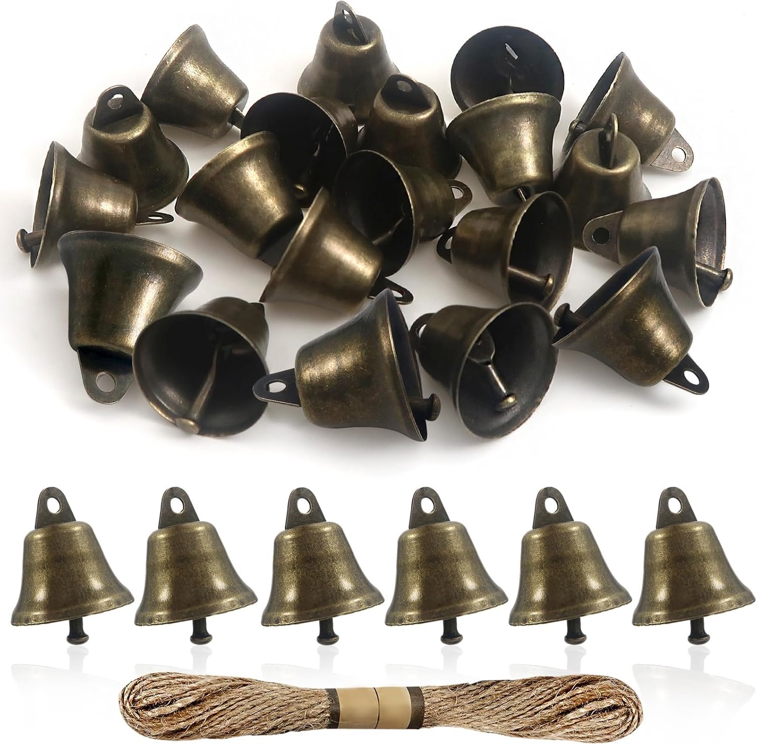 SnelShoppen - 20 Stuks Vintage Klokken voor Creatieve Projecten - Bronzen Metaal Klokken 22mm met Jute Touw voor Windgong, Decoratie, Feest en Kerst -
