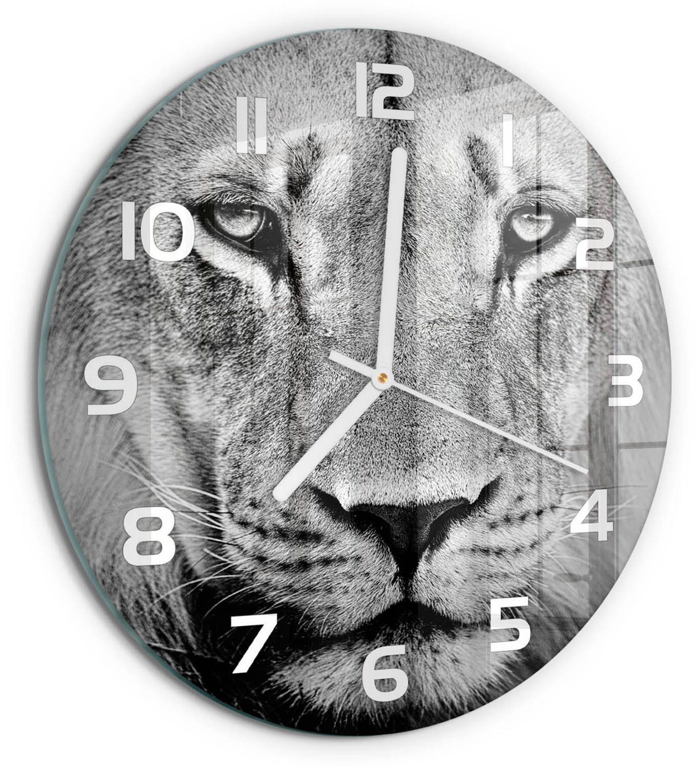 TULUP Wandklok - Leeuw Glazen Klok Met Print - fi30 cm - Zwart-wit Wandklok Glas Met Motief - Witte handen - Ronde Klok - Wandklok Glas Decoratie - Gekleurde Glazen Klok