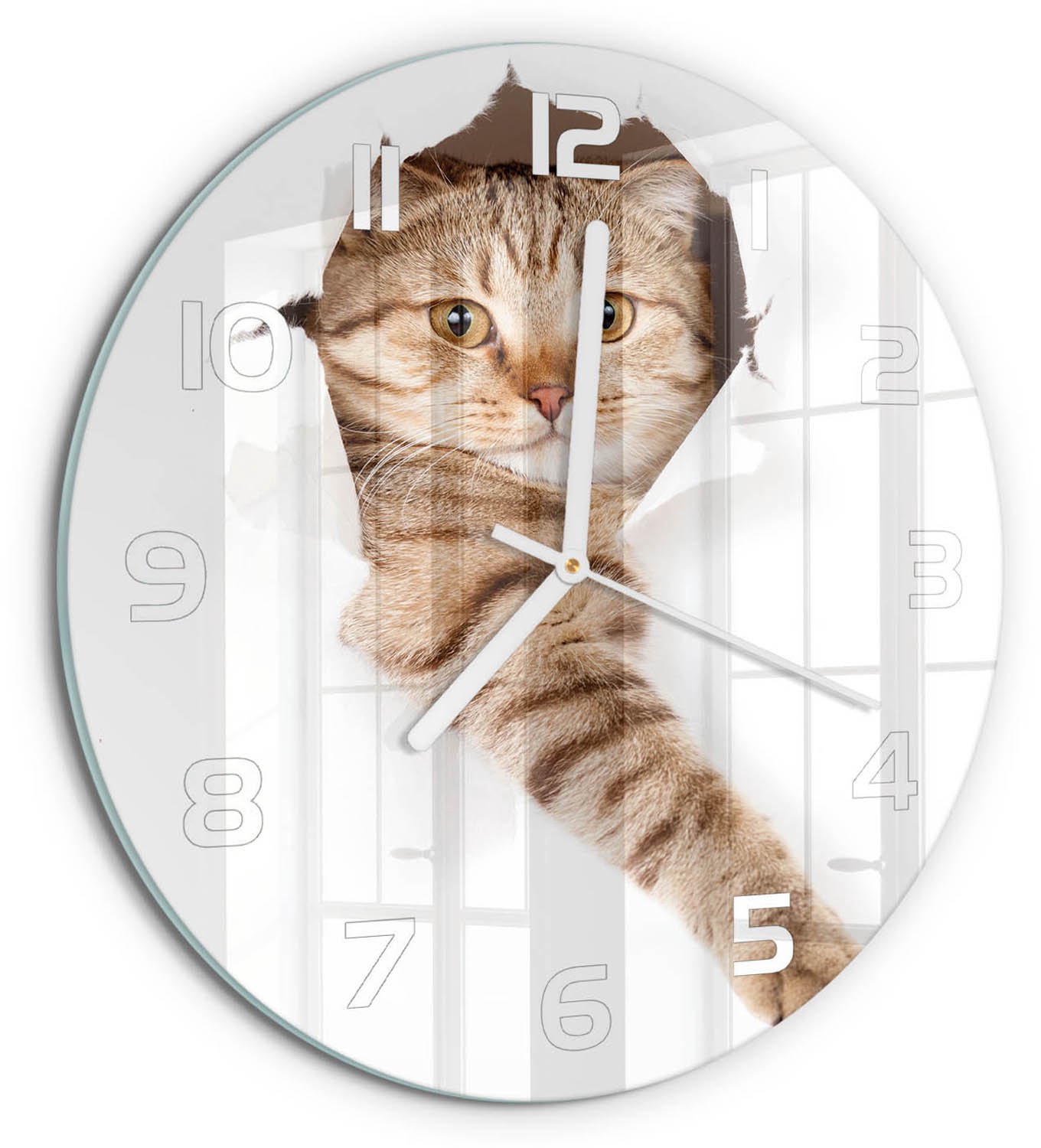 TULUP Wandklok - Kat Wandklok Glas Met Motief - fi30 cm - Beige Decoratieve Glazen Klok - Witte handen - Ronde Klok - Gekleurde Glazen Klok - Glazen Klok Met Print