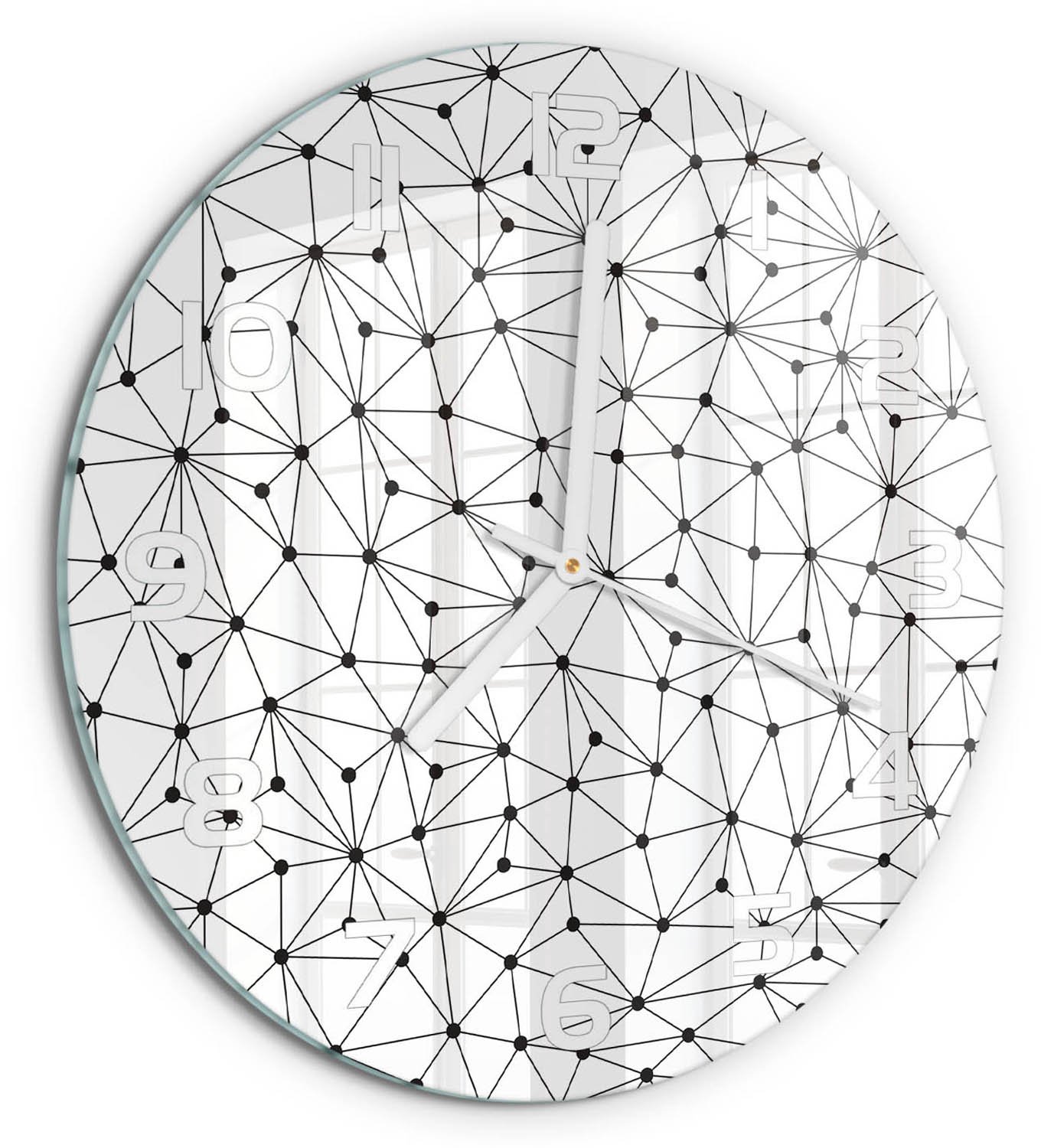 TULUP Wandklok - Lijnen en cirkels Moderne Wandklok Glas - fi30 cm - Zwart-wit Wandklok Glas Decoratie - Witte handen - Ronde Klok - Glazen Wandklok Design - Klok Glas Met Opdruk