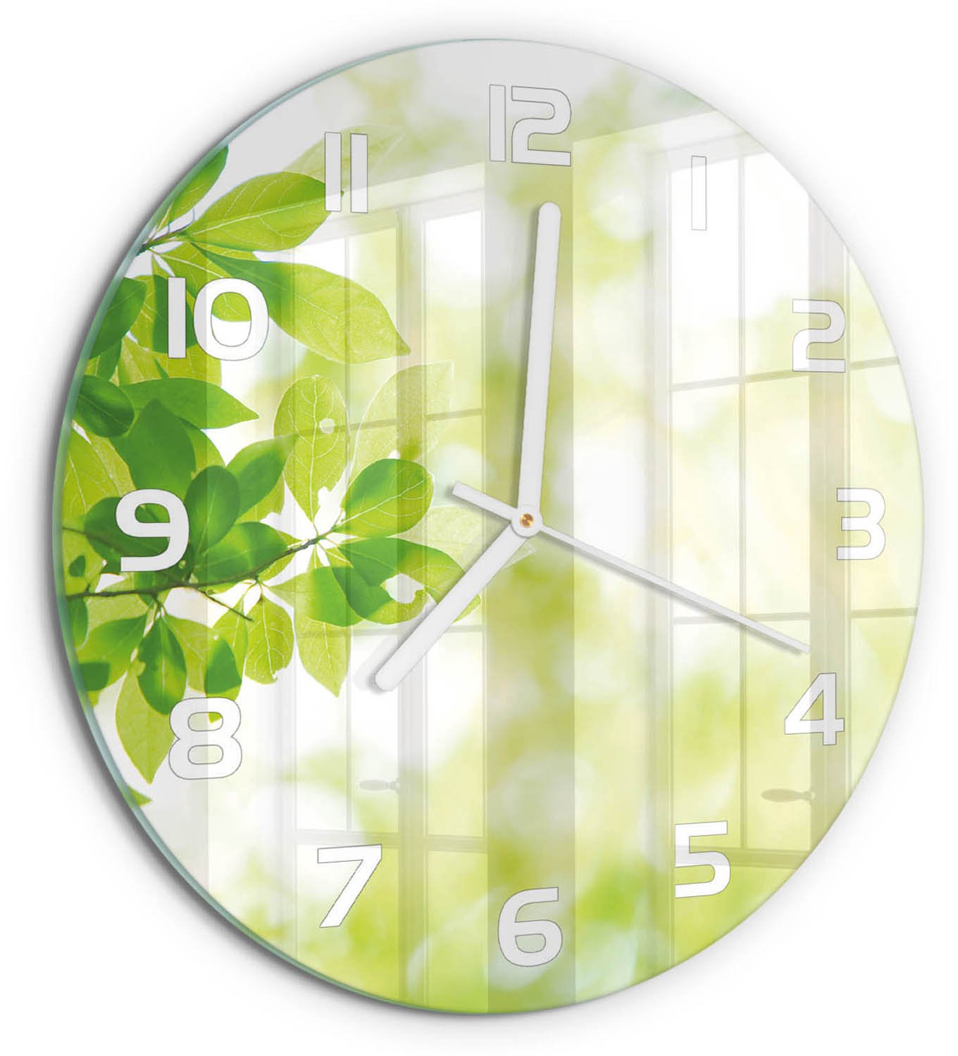 TULUP Wandklok - Bladeren Glazen Klok Met Print - fi30 cm - Groente Wandklok Glas Met Motief - Witte handen - Ronde Klok - Wandklok Glas Decoratie - Gekleurde Glazen Klok