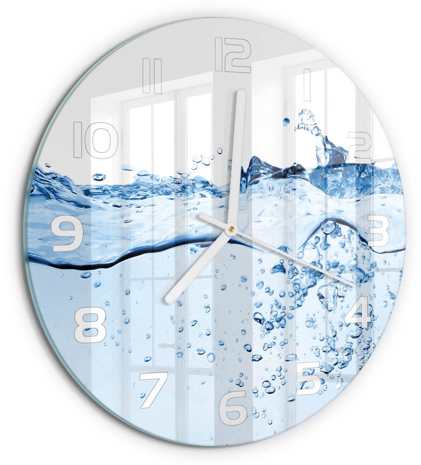 TULUP Wandklok - Water Wandklok Glas Met Motief - fi30 cm - Blauw Decoratieve Glazen Klok - Witte handen - Ronde Klok - Gekleurde Glazen Klok - Glazen Klok Met Print