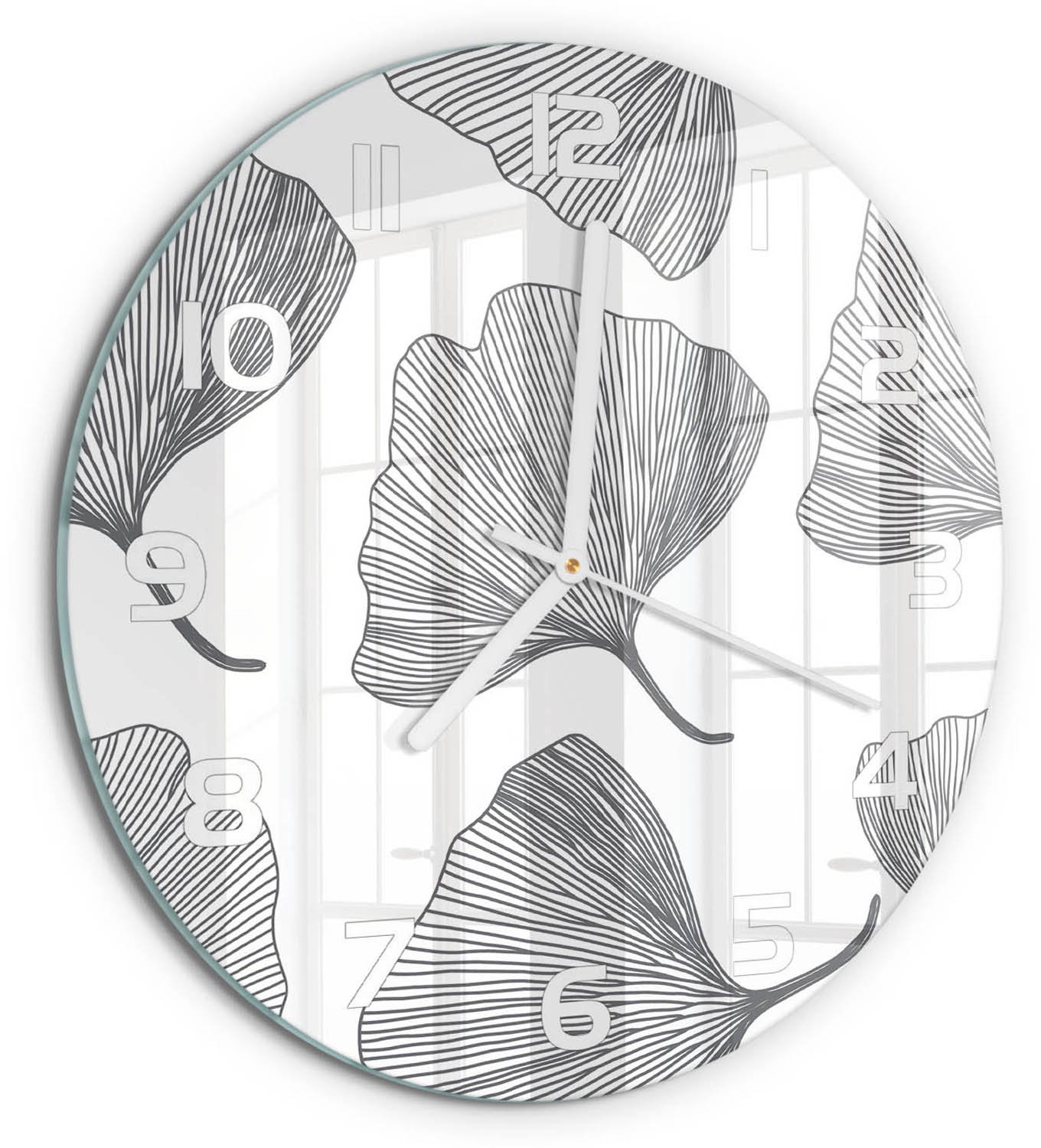 TULUP Wandklok - Ginkgo Klok Glas Met Opdruk - fi30 cm - Zwart-wit Moderne Wandklok Glas - Witte handen - Ronde Klok - Decoratieve Glazen Klok - Glazen Wandklok Design