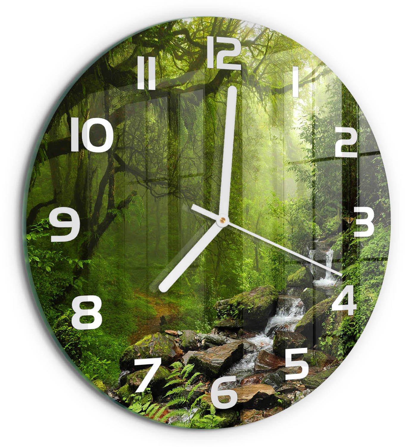TULUP Wandklok - Oerwoud in Nepal Wandklok Glas Met Motief - fi30 cm - Groente Decoratieve Glazen Klok - Witte handen - Ronde Klok - Gekleurde Glazen Klok - Glazen Klok Met Print