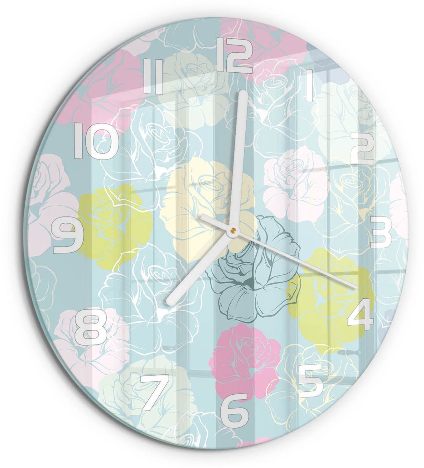TULUP Wandklok - Rozen Klok Glas Met Opdruk - fi30 cm - Veelkleurig Moderne Wandklok Glas - Witte handen - Ronde Klok - Decoratieve Glazen Klok - Glazen Wandklok Design