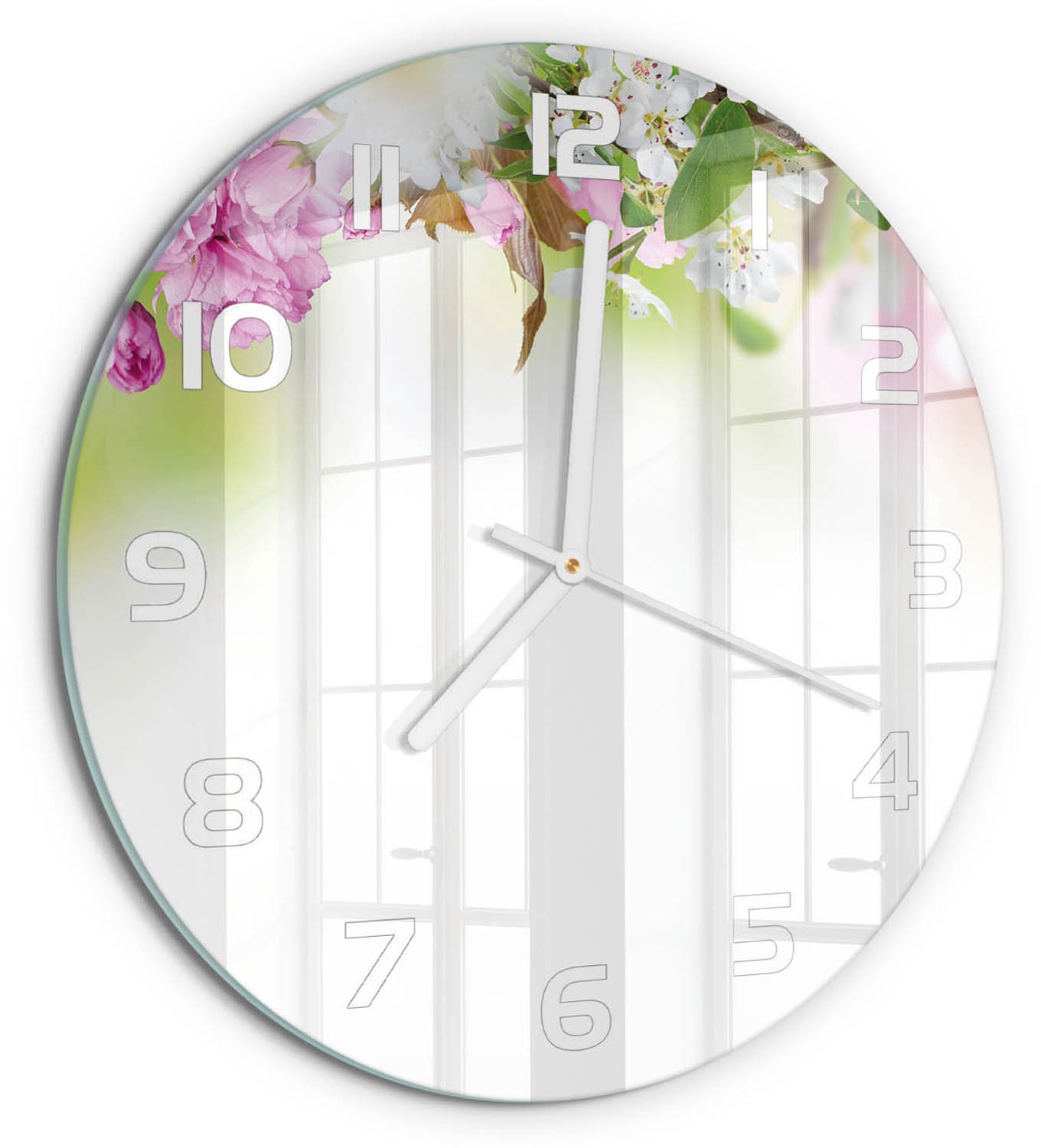 TULUP Wandklok - Lentebloemen Glazen Klok Met Print - fi30 cm - Veelkleurig Wandklok Glas Met Motief - Witte handen - Ronde Klok - Wandklok Glas Decoratie - Gekleurde Glazen Klok