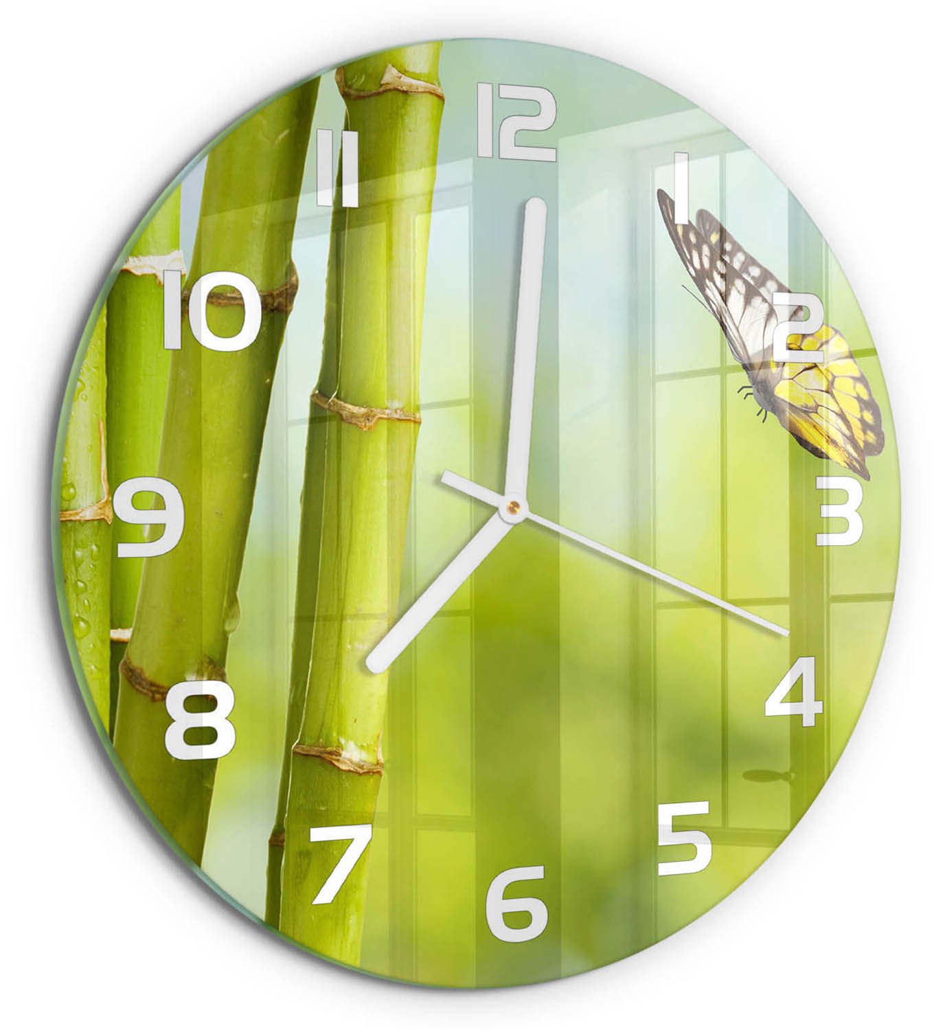 TULUP Wandklok - Bamboe en vlinder Gekleurde Glazen Klok - fi30 cm - Groente Glazen Klok Met Print - Witte handen - Ronde Klok - Moderne Wandklok Glas - Wandklok Glas Decoratie