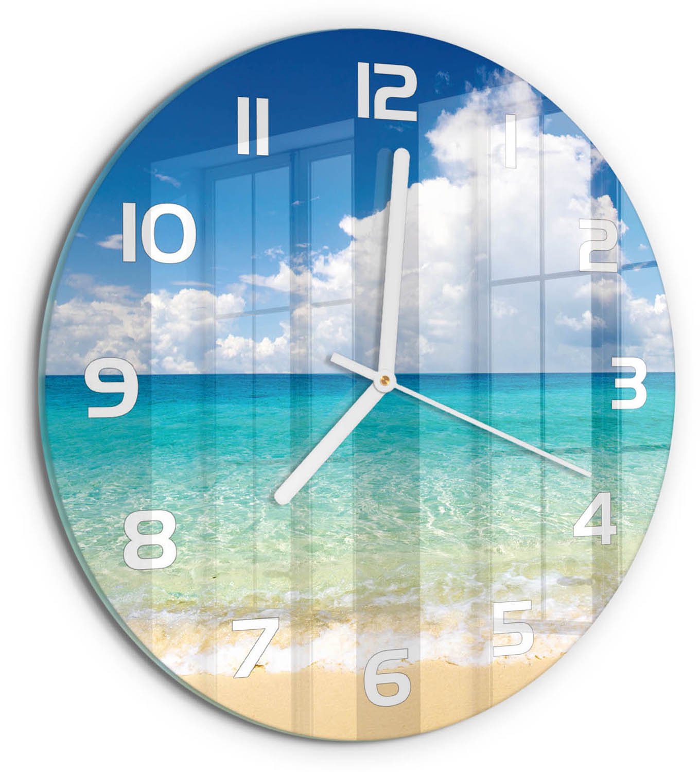 TULUP Wandklok - Paradijsstrand Wandklok Glas Met Motief - fi30 cm - Blauw Decoratieve Glazen Klok - Witte handen - Ronde Klok - Gekleurde Glazen Klok - Glazen Klok Met Print
