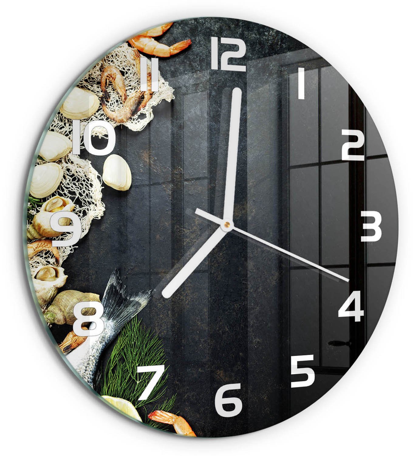 TULUP Wandklok - Zeevruchten Glazen Klok Met Print - fi30 cm - Zwart Wandklok Glas Met Motief - Witte handen - Ronde Klok - Wandklok Glas Decoratie - Gekleurde Glazen Klok