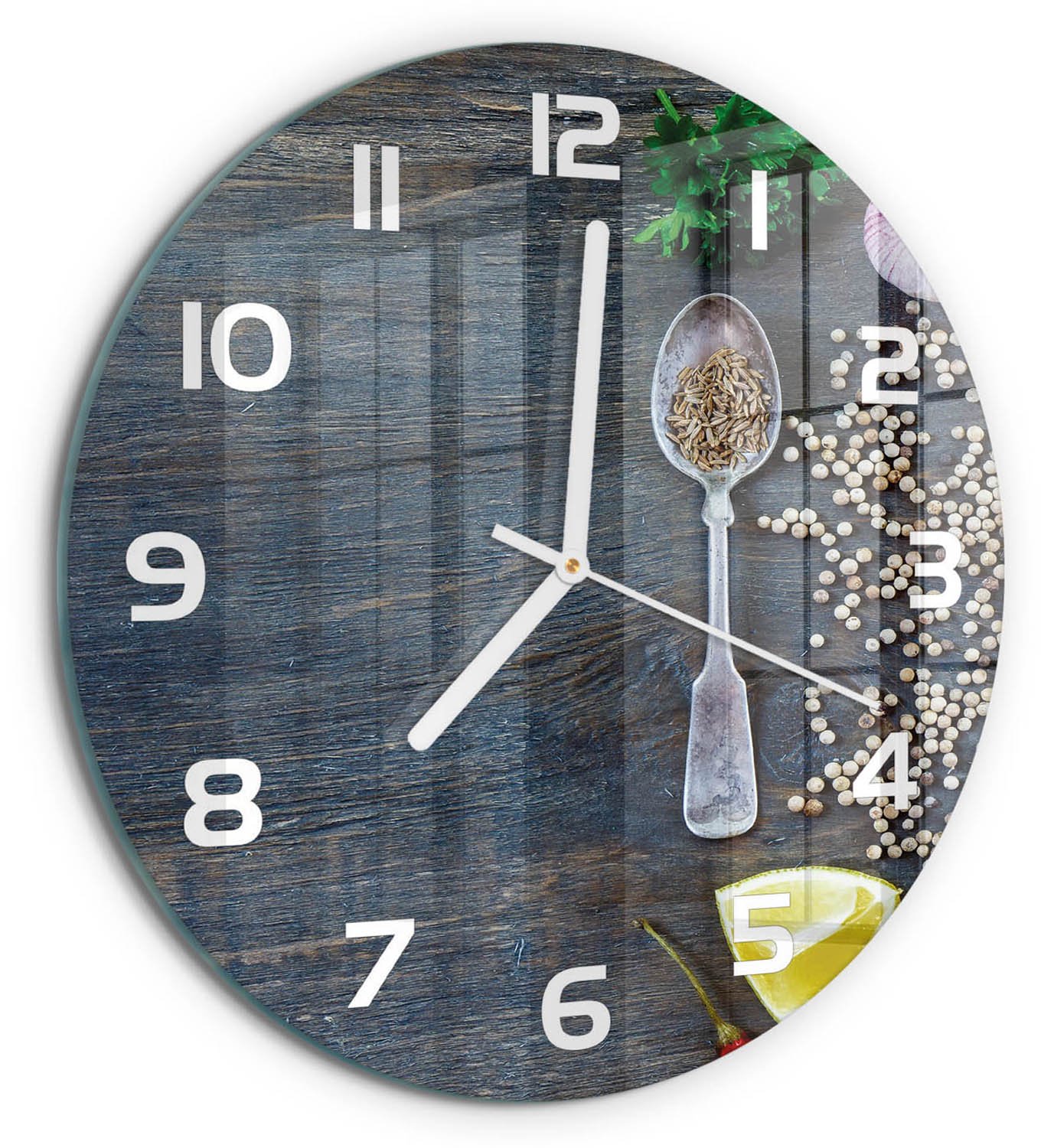 TULUP Wandklok - Specerijen en kruiden Klok Glas Met Opdruk - fi30 cm - Veelkleurig Moderne Wandklok Glas - Witte handen - Ronde Klok - Decoratieve Glazen Klok - Glazen Wandklok Design