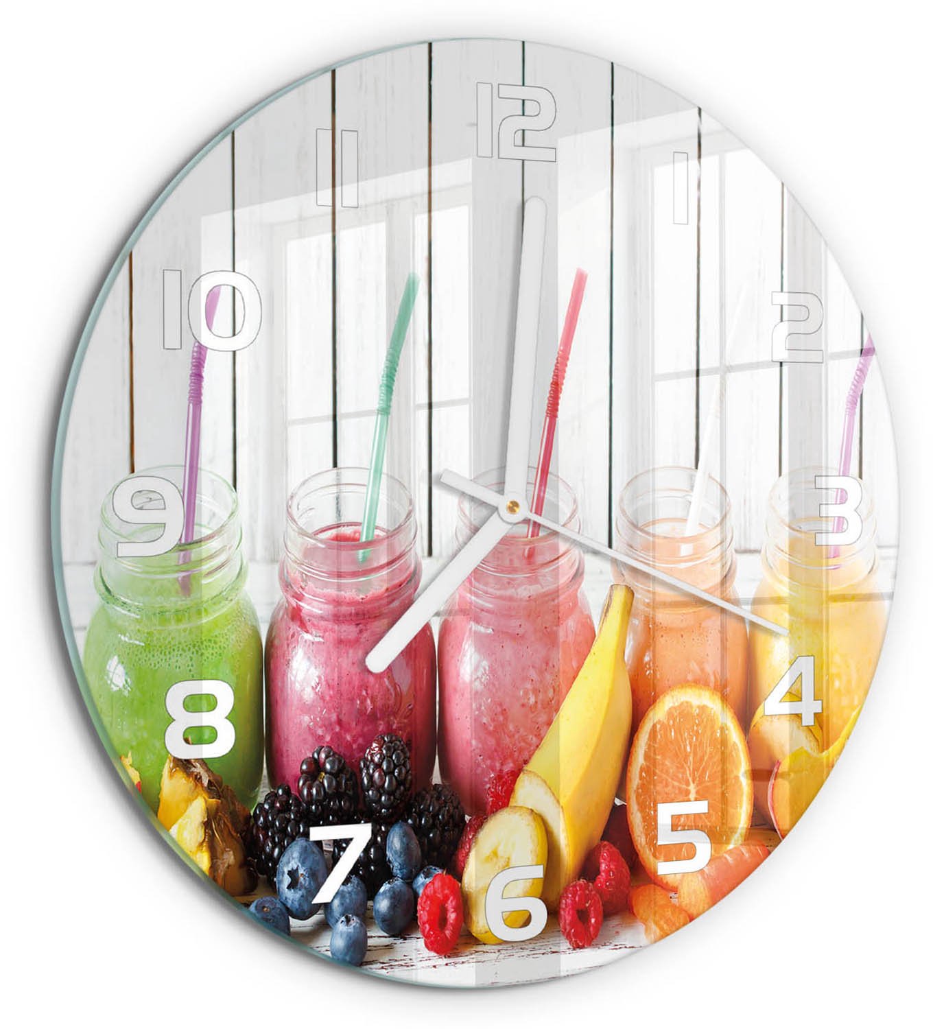 TULUP Wandklok - Fruitcocktails Moderne Wandklok Glas - fi30 cm - Veelkleurig Wandklok Glas Decoratie - Witte handen - Ronde Klok - Glazen Wandklok Design - Klok Glas Met Opdruk