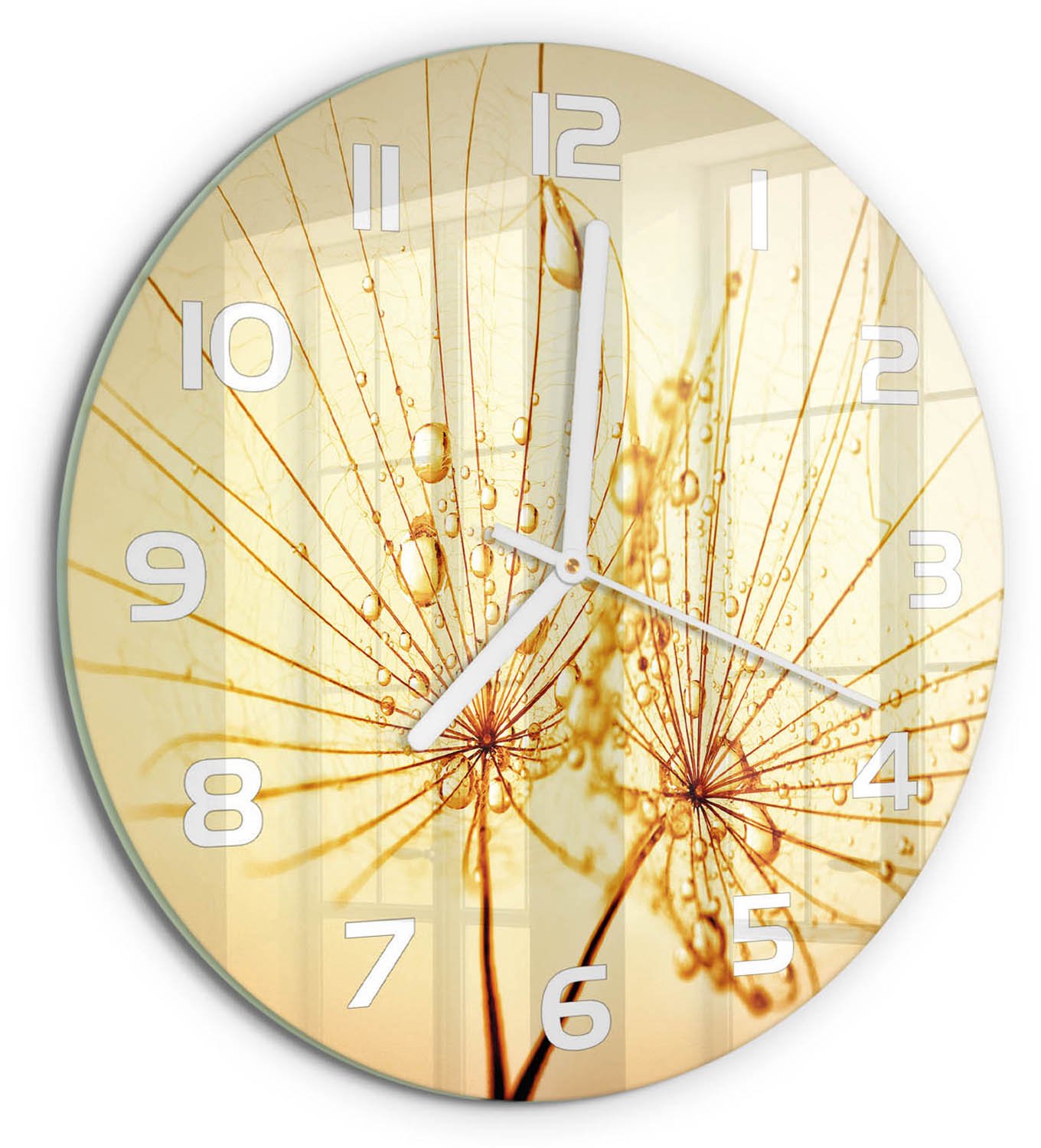 TULUP Wandklok - Paardenbloemzaden Decoratieve Glazen Klok - fi30 cm - Beige Glazen Wandklok Design - Witte handen - Ronde Klok - Glazen Klok Met Print - Wandklok Glas Met Motief