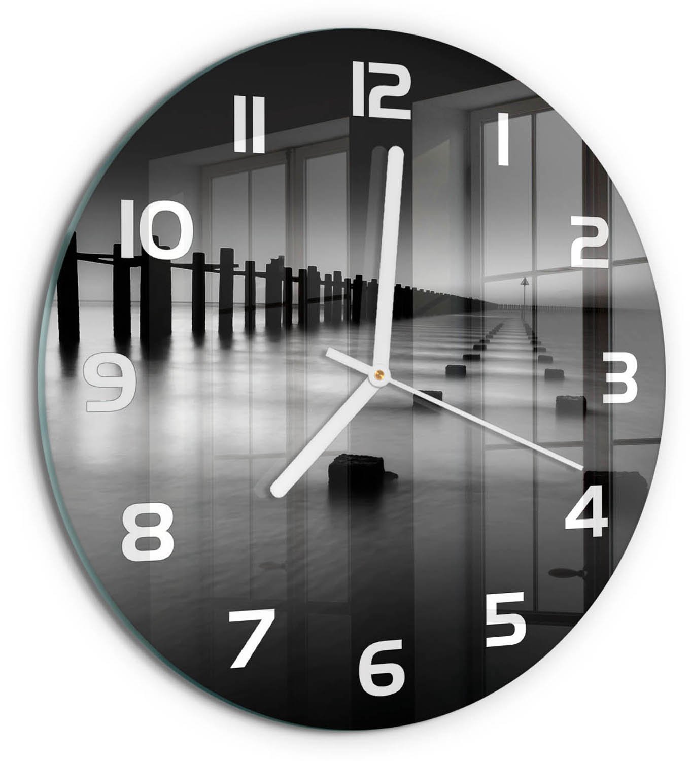 TULUP Wandklok - De golfbreker van de Theems Moderne Wandklok Glas - fi30 cm - Zwart-wit Wandklok Glas Decoratie - Witte handen - Ronde Klok - Glazen Wandklok Design - Klok Glas Met Opdruk