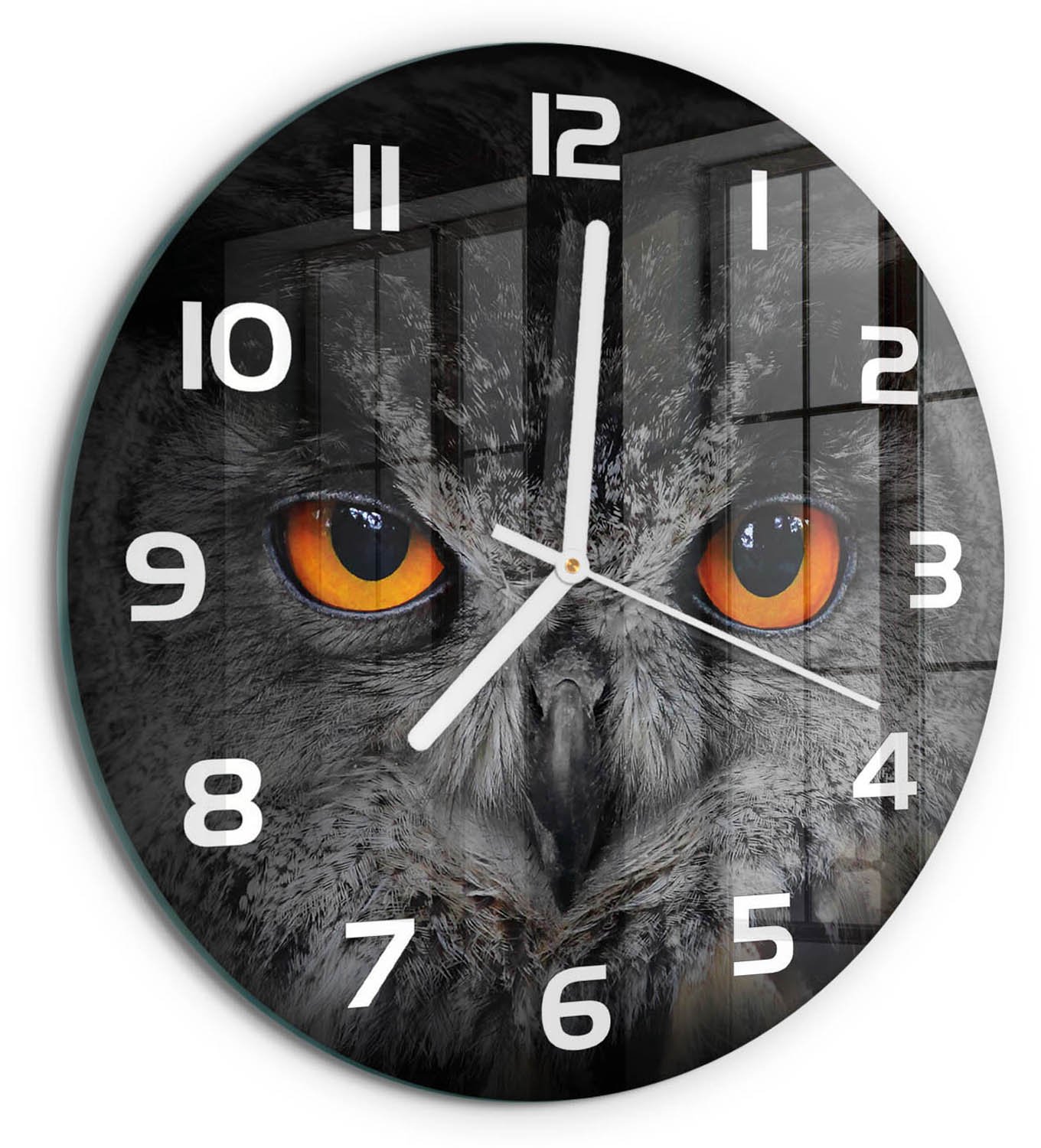 TULUP Wandklok - Uil Wandklok Glas Met Motief - fi30 cm - Oranje Decoratieve Glazen Klok - Witte handen - Ronde Klok - Gekleurde Glazen Klok - Glazen Klok Met Print