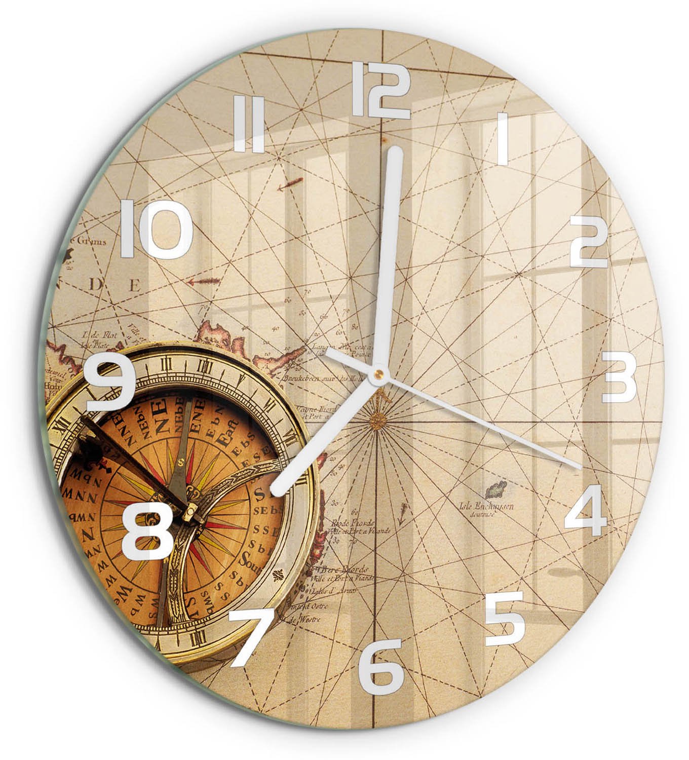 TULUP Wandklok - Kompas op de kaart Wandklok Glas Decoratie - fi30 cm - Beige Gekleurde Glazen Klok - Witte handen - Ronde Klok - Klok Glas Met Opdruk - Moderne Wandklok Glas