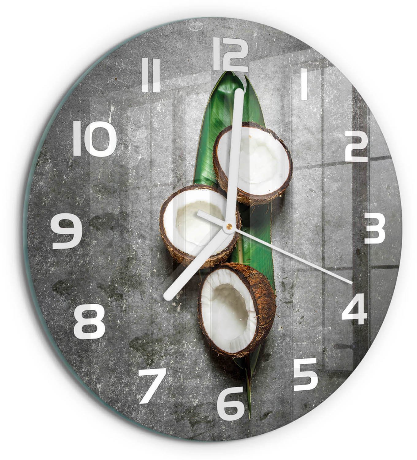 TULUP Wandklok - Een halve kokosnoot Moderne Wandklok Glas - fi30 cm - Groente Wandklok Glas Decoratie - Witte handen - Ronde Klok - Glazen Wandklok Design - Klok Glas Met Opdruk