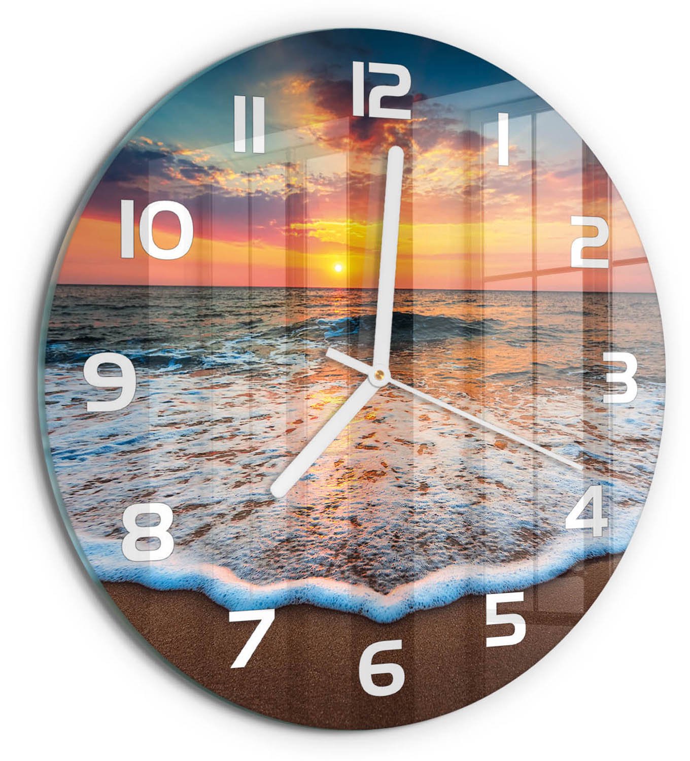 TULUP Wandklok - Zonsondergang op zee Decoratieve Glazen Klok - fi30 cm - Oranje Glazen Wandklok Design - Witte handen - Ronde Klok - Glazen Klok Met Print - Wandklok Glas Met Motief