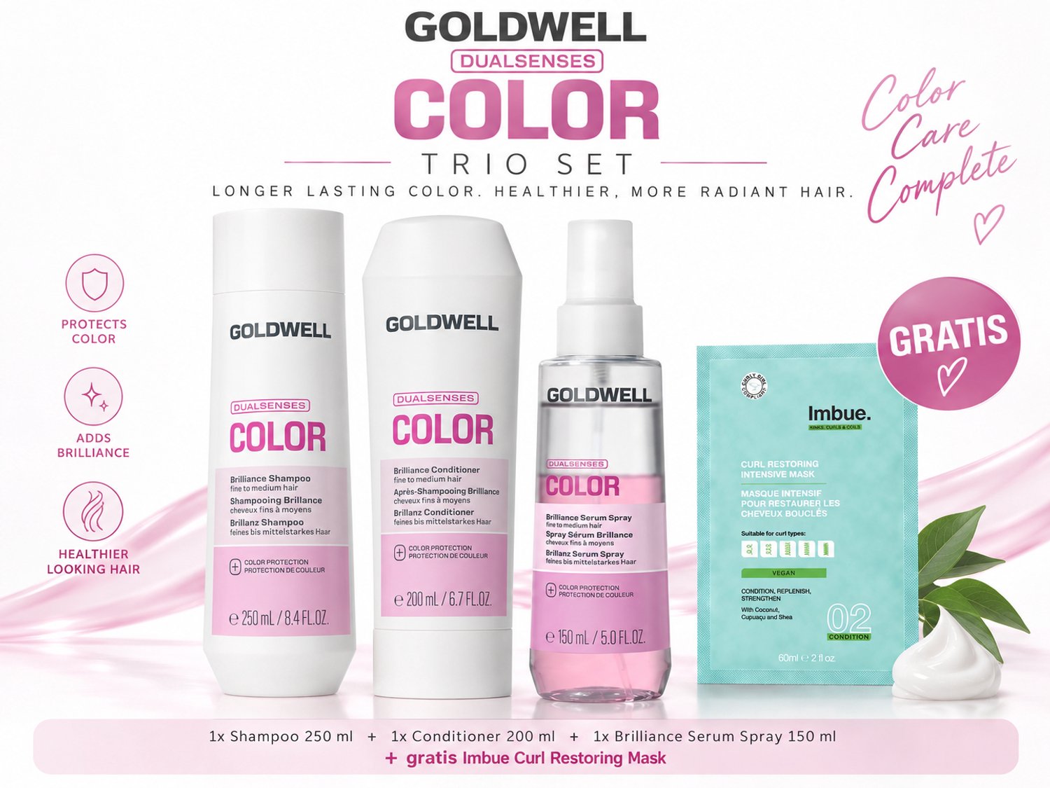Goldwell Dualsenses Color Shampoo, Conditioner & Brilliance Serum Spray + Gratis Imbue Masker