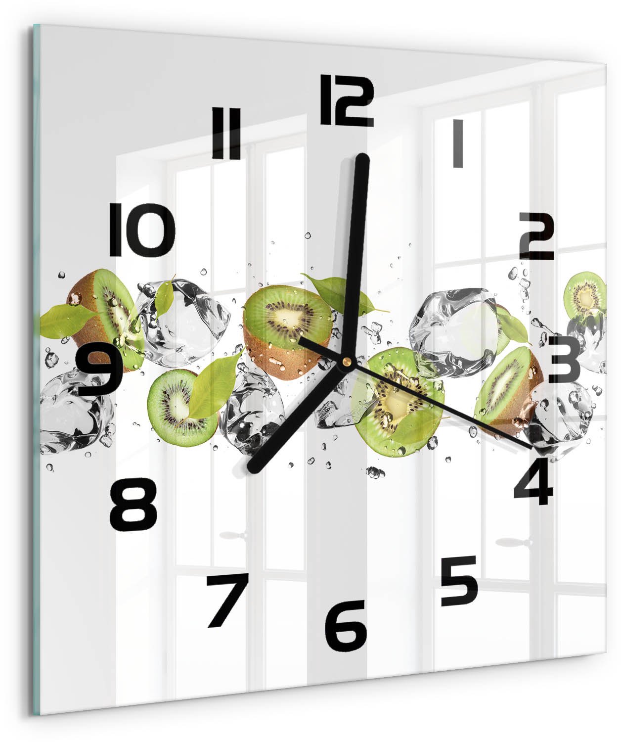 TULUP Wandklok - Kiwi en water Wandklok Glas Decoratie - 30x30 cm - Groente Gekleurde Glazen Klok - Zwarte handen - Vierkante Klok - Klok Glas Met Opdruk - Moderne Wandklok Glas