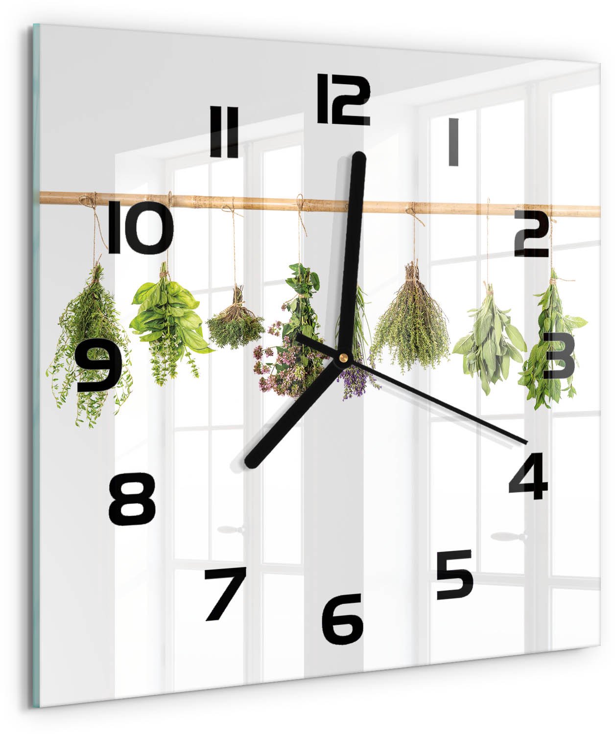 Tulup Wandklok - Kruiden aan een touwtje Moderne Wandklok Glas - 30x30 cm - Groente Wandklok Glas Decoratie - Zwarte handen - Vierkante Klok - Glazen Wandklok Design - Klok Glas Met Opdruk