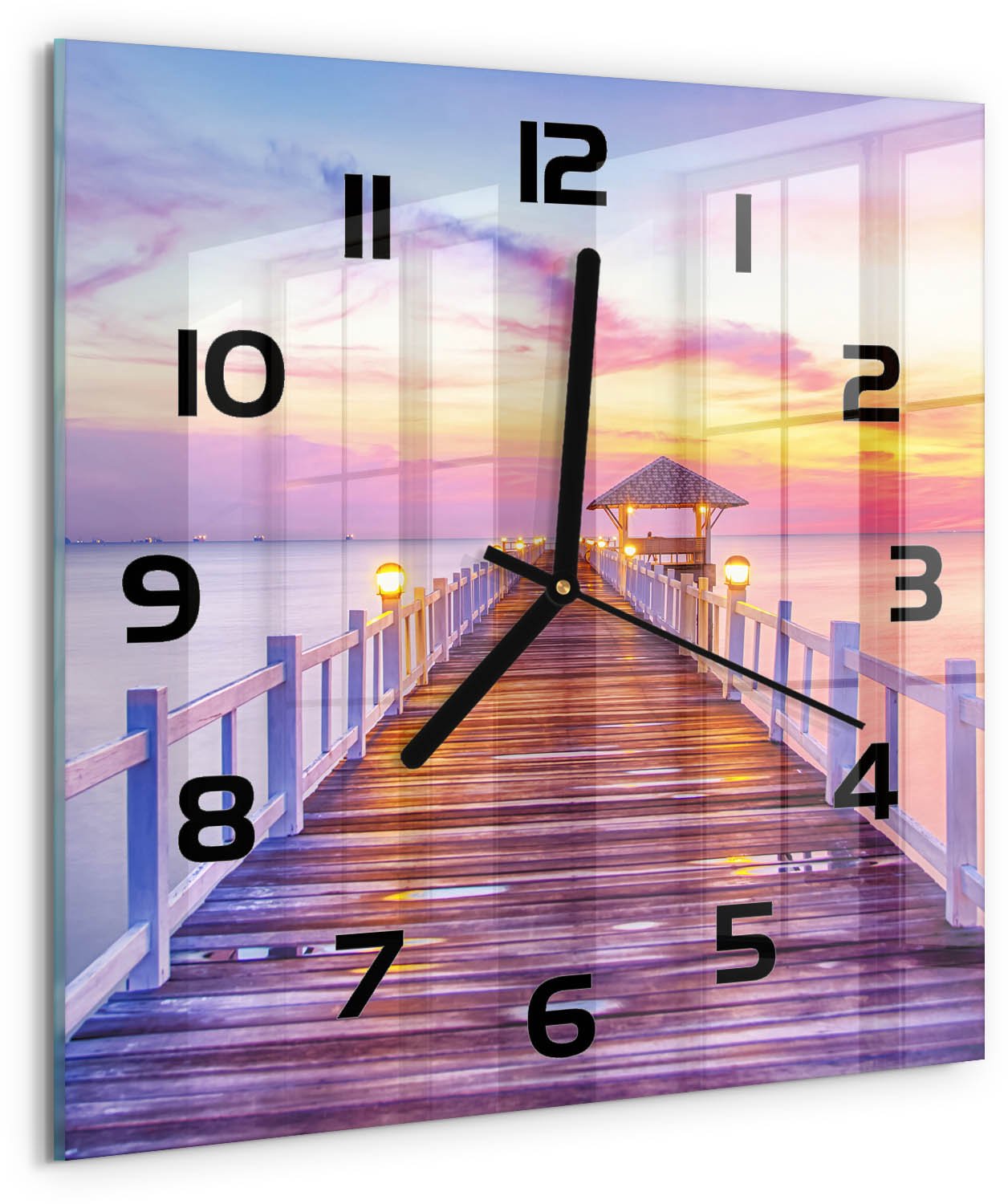 Tulup Wandklok - Houten brug Glazen Klok Met Print - 30x30 cm - Oranje Wandklok Glas Met Motief - Zwarte handen - Vierkante Klok - Wandklok Glas Decoratie - Gekleurde Glazen Klok
