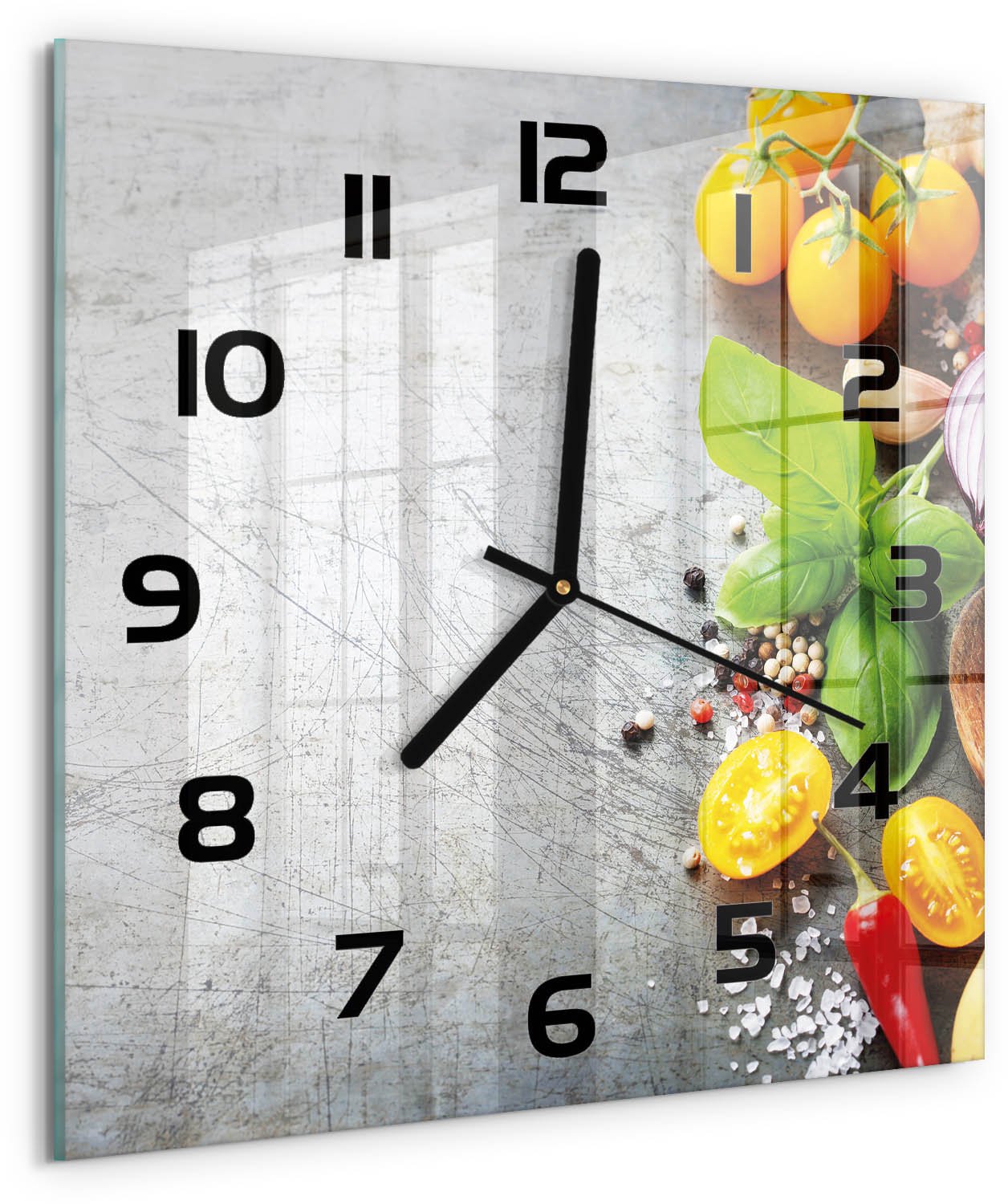 Tulup Wandklok - Groenten Decoratieve Glazen Klok - 30x30 cm - Veelkleurig Glazen Wandklok Design - Zwarte handen - Vierkante Klok - Glazen Klok Met Print - Wandklok Glas Met Motief