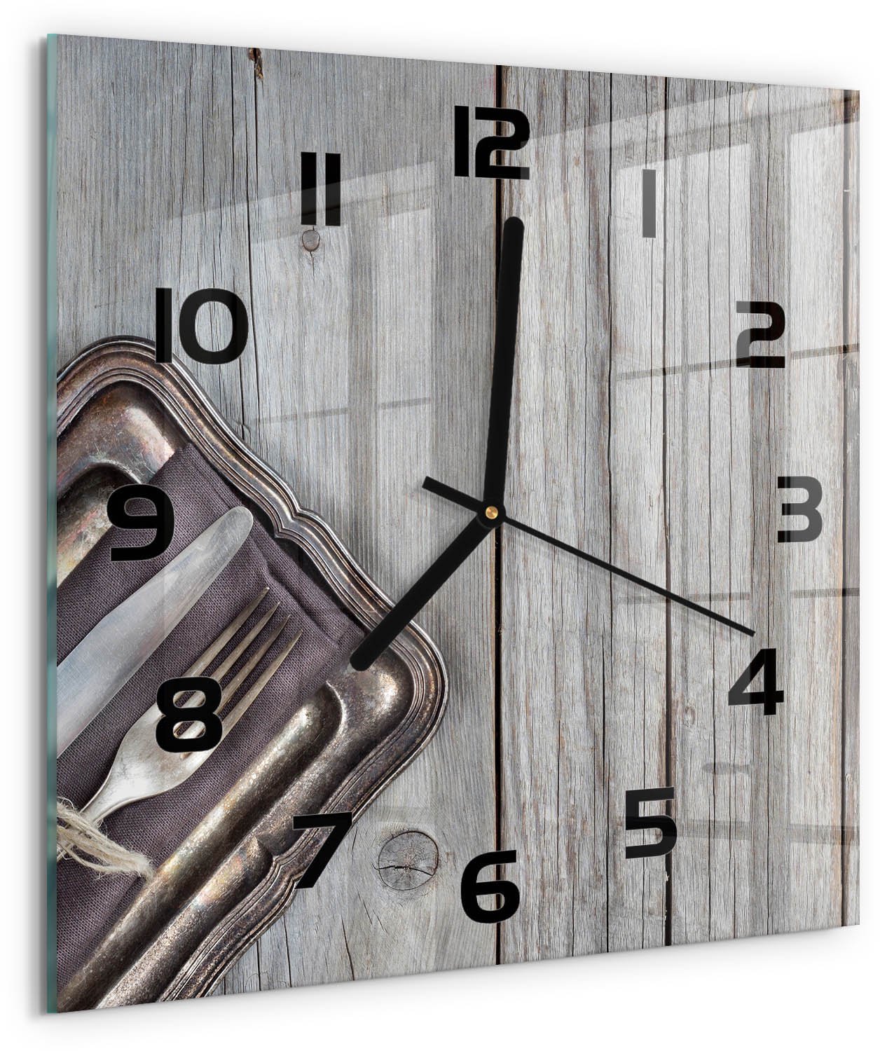 Tulup Wandklok - Bestek op snijplanken Decoratieve Glazen Klok - 30x30 cm - Beige Glazen Wandklok Design - Zwarte handen - Vierkante Klok - Glazen Klok Met Print - Wandklok Glas Met Motief