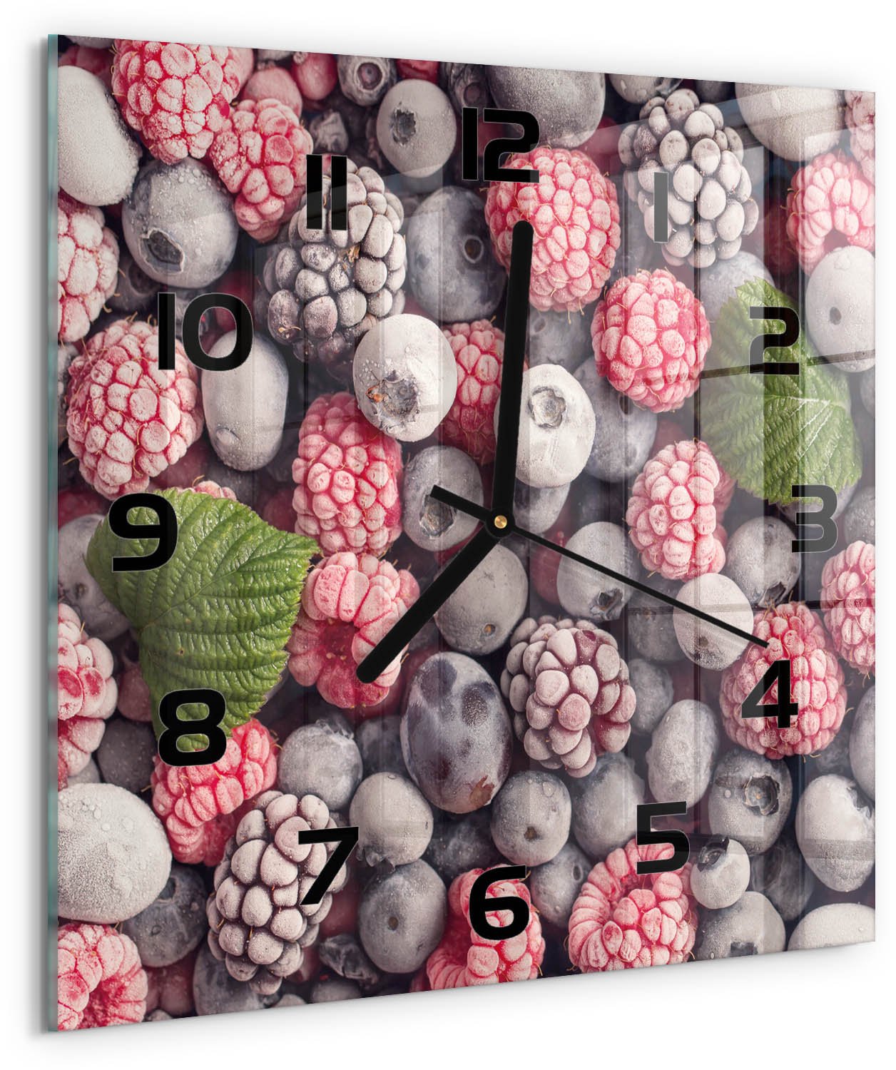 Tulup Wandklok - Bevroren bosvruchten Decoratieve Glazen Klok - 30x30 cm - Blauw Glazen Wandklok Design - Zwarte handen - Vierkante Klok - Glazen Klok Met Print - Wandklok Glas Met Motief