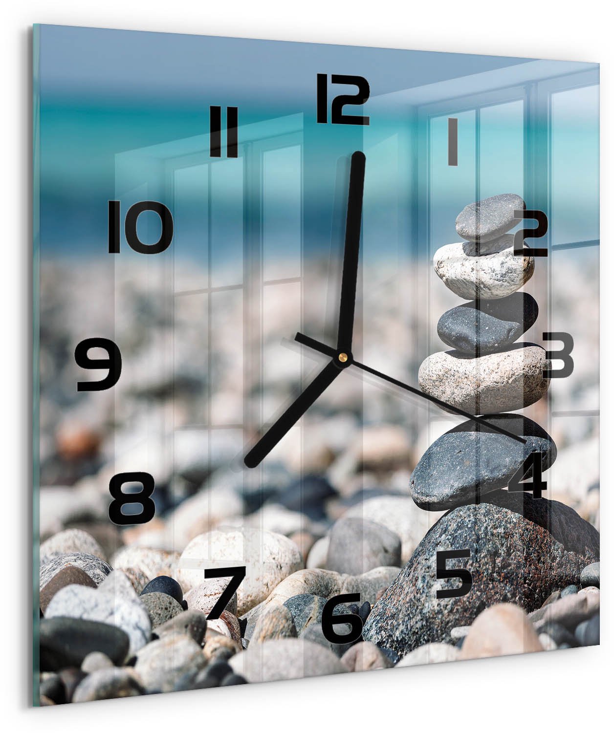 TULUP Wandklok - Stapel stenen Gekleurde Glazen Klok - 30x30 cm - Veelkleurig Glazen Klok Met Print - Zwarte handen - Vierkante Klok - Moderne Wandklok Glas - Wandklok Glas Decoratie