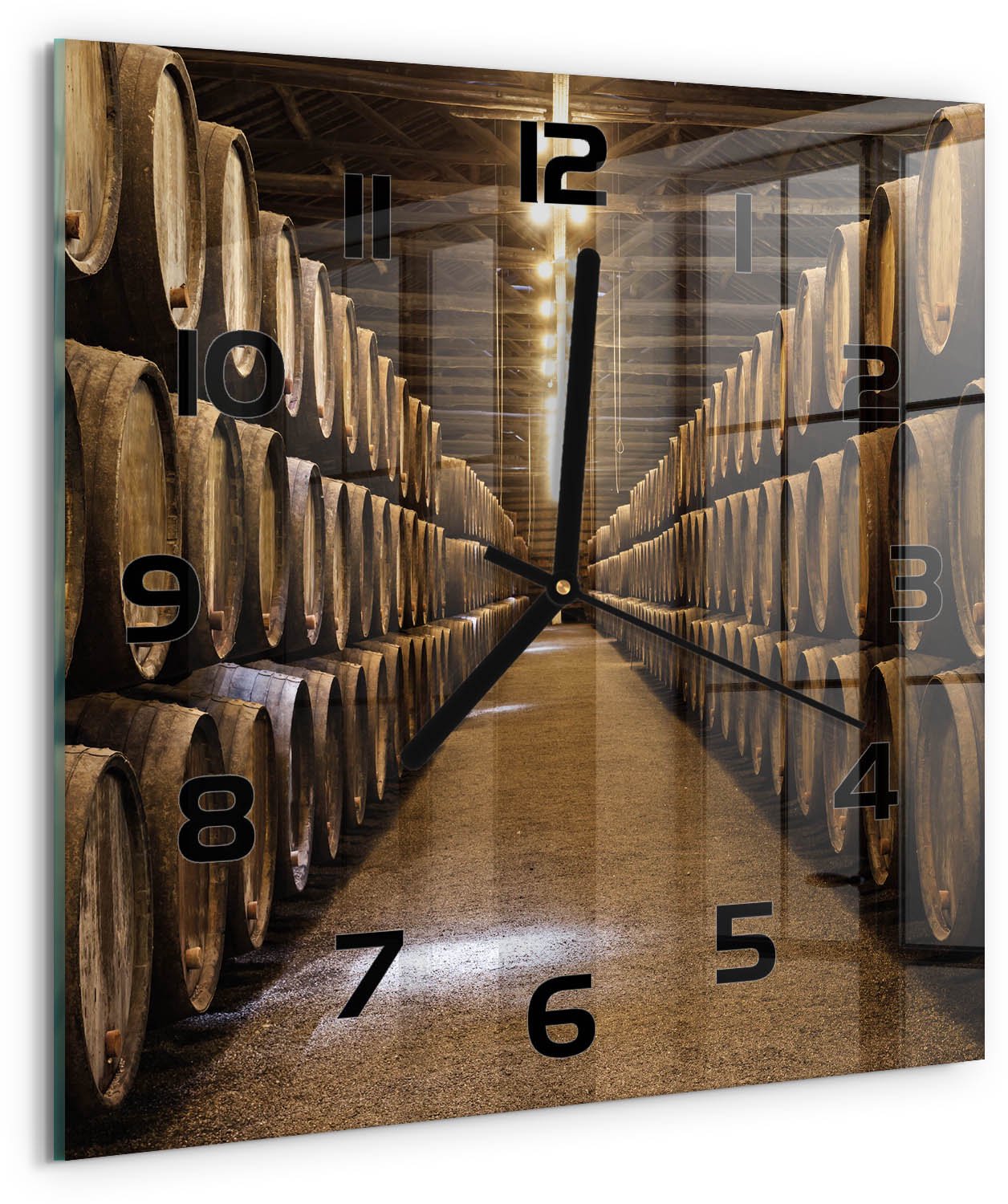 Tulup Wandklok - Porto Wijnkelders Gekleurde Glazen Klok - 30x30 cm - Bruin Glazen Klok Met Print - Zwarte handen - Vierkante Klok - Moderne Wandklok Glas - Wandklok Glas Decoratie