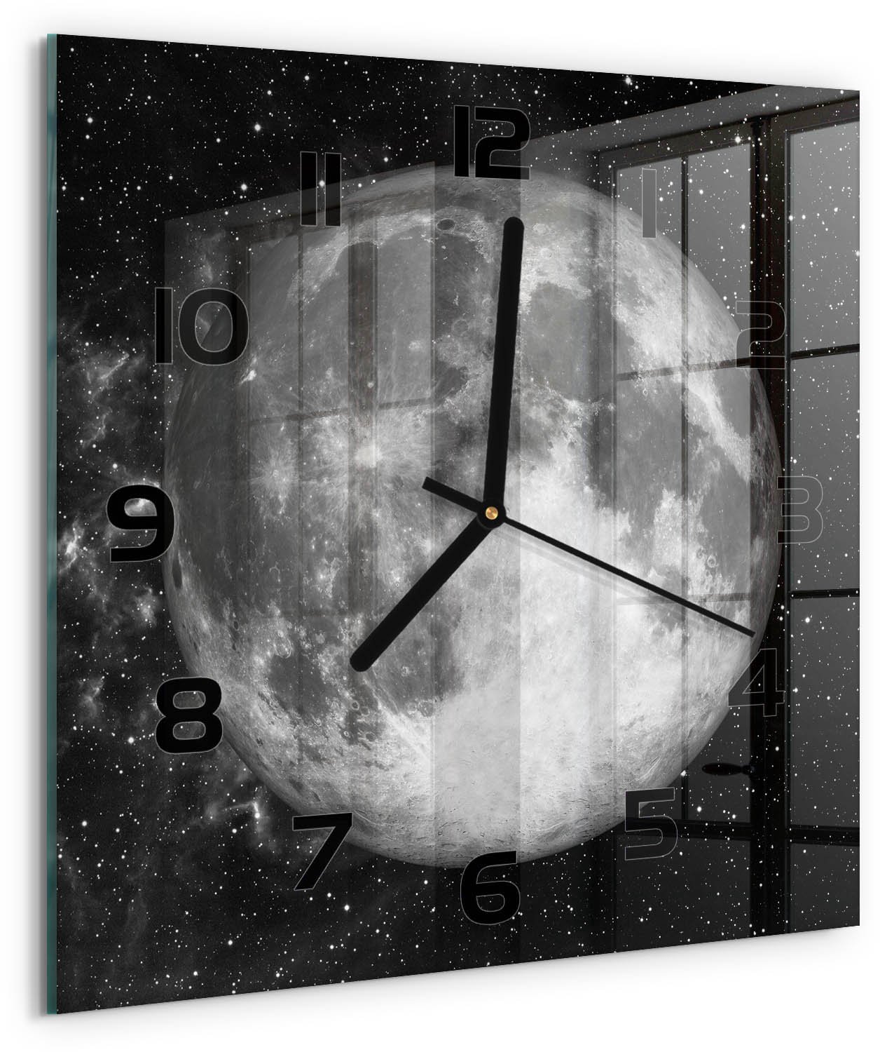 Tulup Wandklok - Maan Glazen Klok Met Print - 30x30 cm - Zwart-wit Wandklok Glas Met Motief - Zwarte handen - Vierkante Klok - Wandklok Glas Decoratie - Gekleurde Glazen Klok