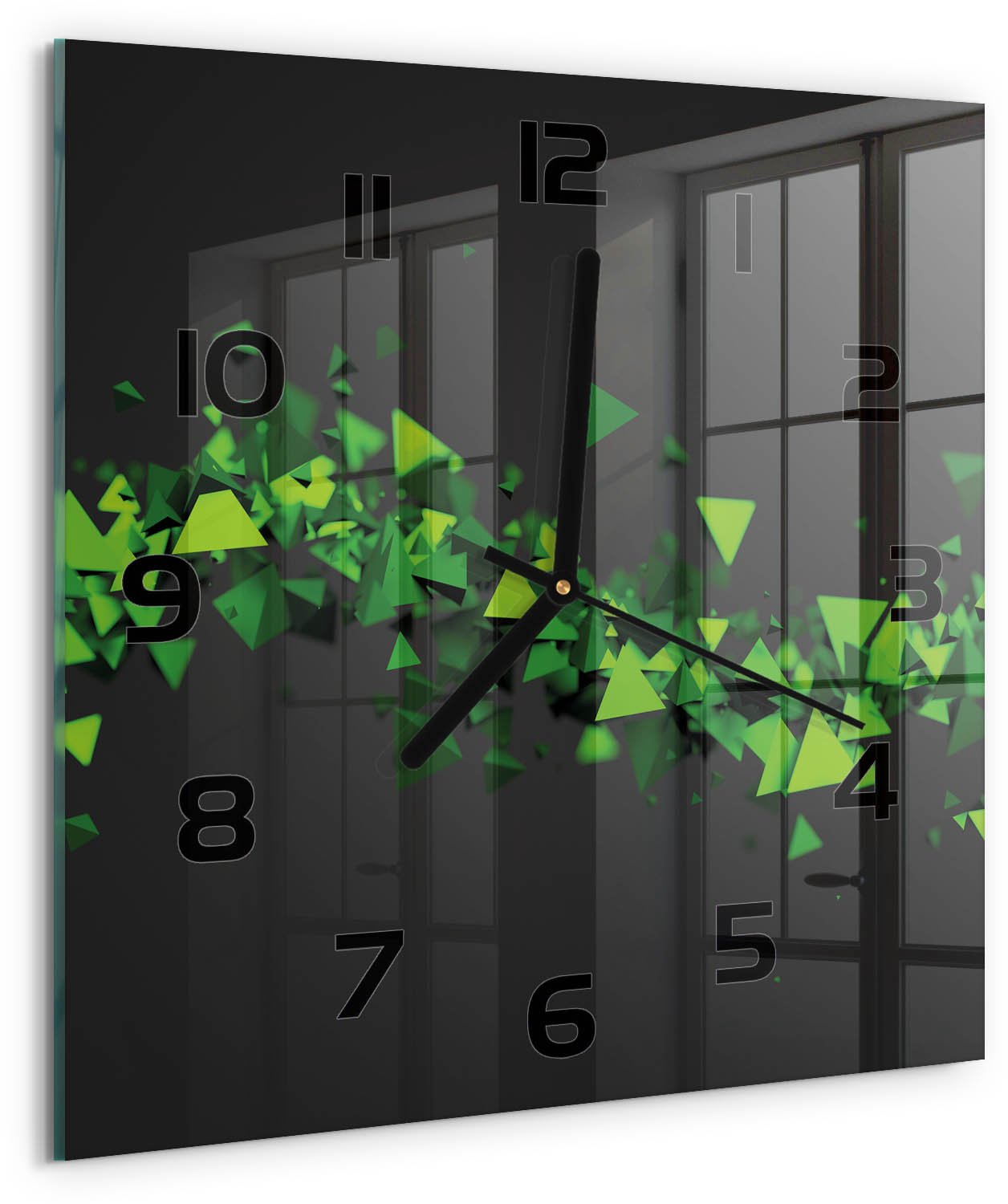 TULUP Wandklok - Geometrische golf Wandklok Glas Met Motief - 30x30 cm - Groente Decoratieve Glazen Klok - Zwarte handen - Vierkante Klok - Gekleurde Glazen Klok - Glazen Klok Met Print