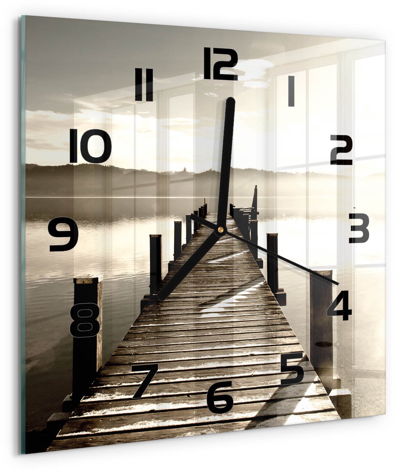 Tulup Wandklok - Houten brug Wandklok Glas Met Motief - 30x30 cm - Bruin Decoratieve Glazen Klok - Zwarte handen - Vierkante Klok - Gekleurde Glazen Klok - Glazen Klok Met Print