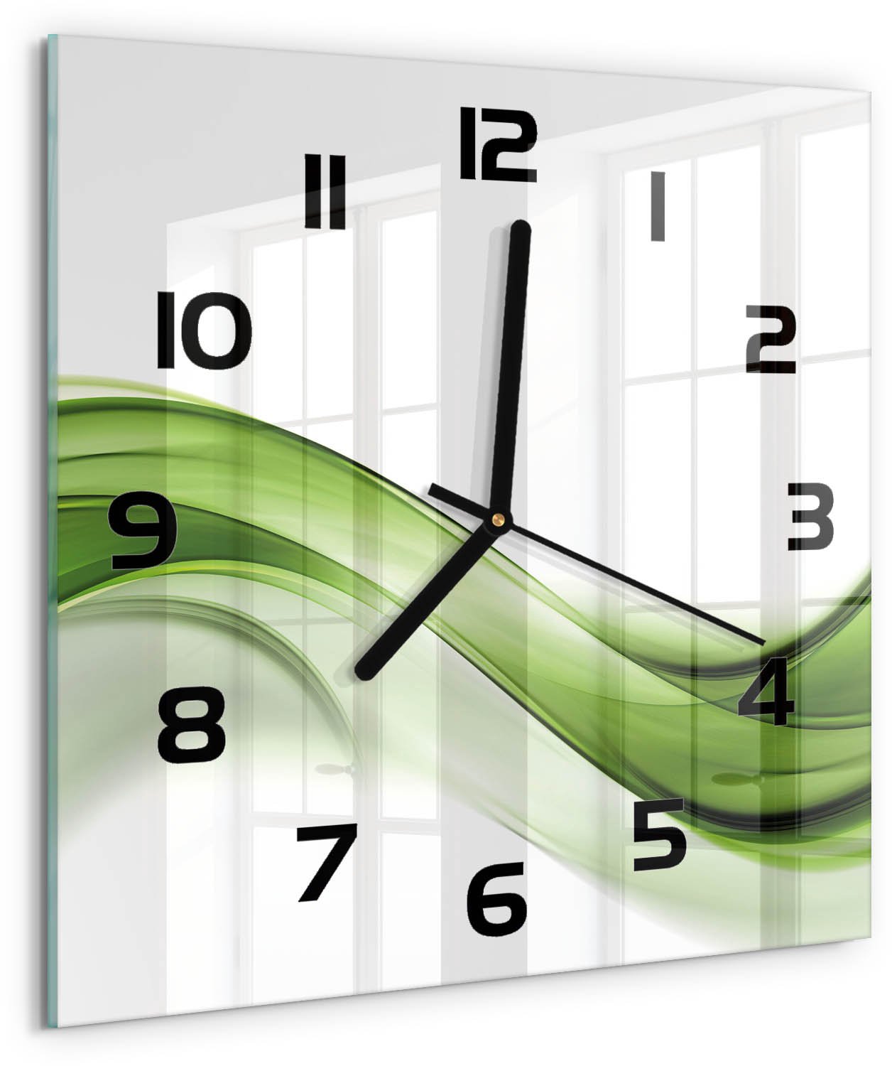 TULUP Wandklok - Groene golf Wandklok Glas Decoratie - 30x30 cm - Groente Gekleurde Glazen Klok - Zwarte handen - Vierkante Klok - Klok Glas Met Opdruk - Moderne Wandklok Glas