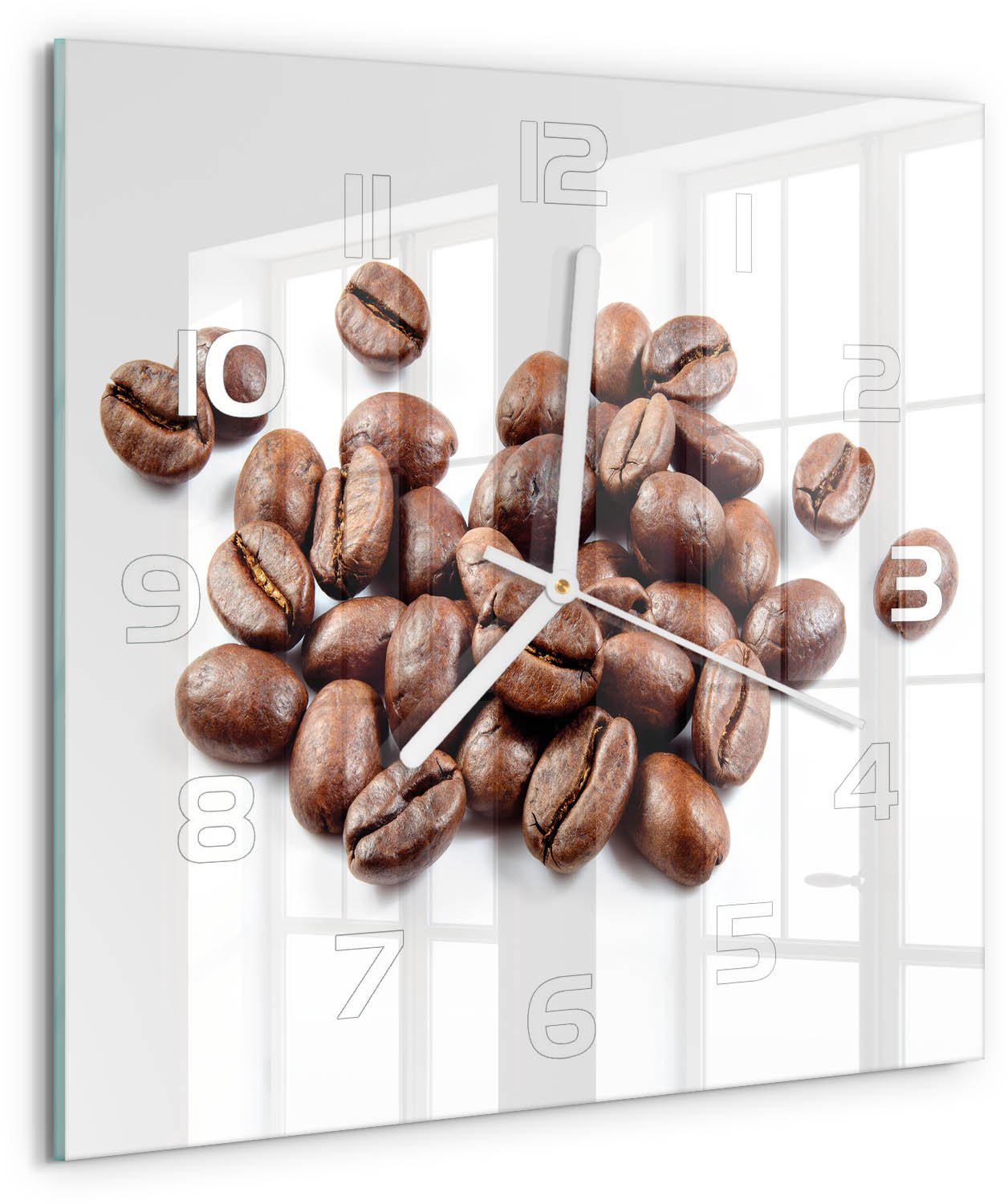 Tulup Wandklok - Koffiebonen Wandklok Glas Decoratie - 30x30 cm - Bruin Gekleurde Glazen Klok - Witte handen - Vierkante Klok - Klok Glas Met Opdruk - Moderne Wandklok Glas