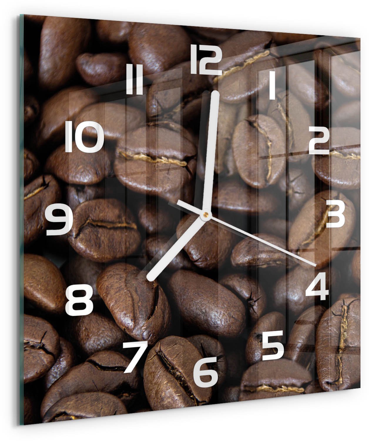 Tulup Wandklok - Koffiebonen Gekleurde Glazen Klok - 30x30 cm - Bruin Glazen Klok Met Print - Witte handen - Vierkante Klok - Moderne Wandklok Glas - Wandklok Glas Decoratie