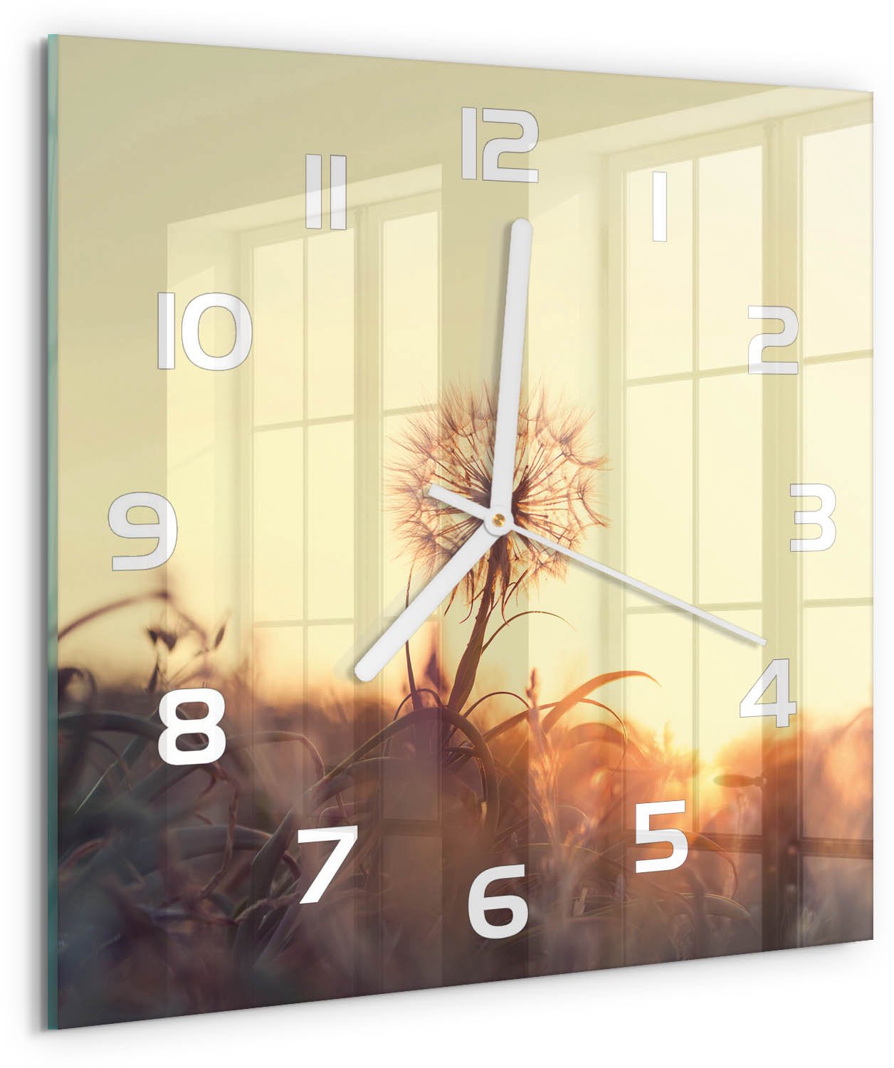 Tulup Wandklok - Paardebloem Gekleurde Glazen Klok - 30x30 cm - Geel Glazen Klok Met Print - Witte handen - Vierkante Klok - Moderne Wandklok Glas - Wandklok Glas Decoratie