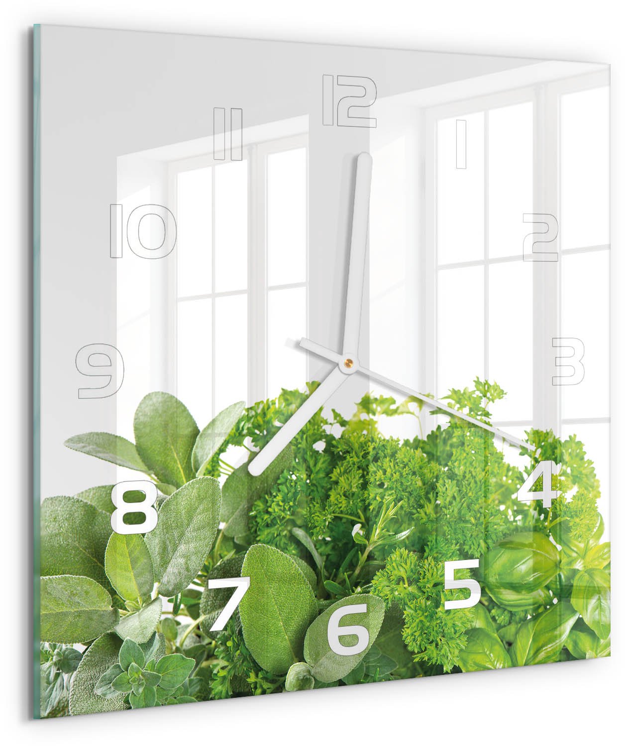 Tulup Wandklok - Kruiden Decoratieve Glazen Klok - 30x30 cm - Groente Glazen Wandklok Design - Witte handen - Vierkante Klok - Glazen Klok Met Print - Wandklok Glas Met Motief