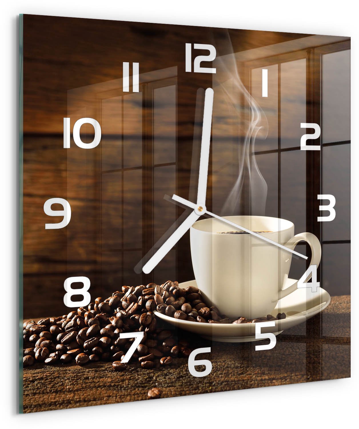 Tulup Wandklok - Kopje koffie Gekleurde Glazen Klok - 30x30 cm - Bruin Glazen Klok Met Print - Witte handen - Vierkante Klok - Moderne Wandklok Glas - Wandklok Glas Decoratie