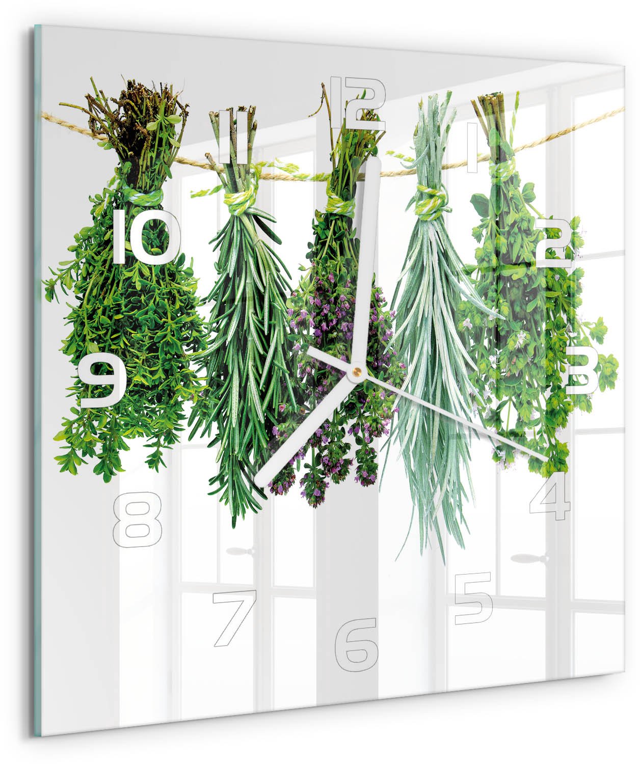 Tulup Wandklok - Kruiden aan een touwtje Wandklok Glas Decoratie - 30x30 cm - Groente Gekleurde Glazen Klok - Witte handen - Vierkante Klok - Klok Glas Met Opdruk - Moderne Wandklok Glas