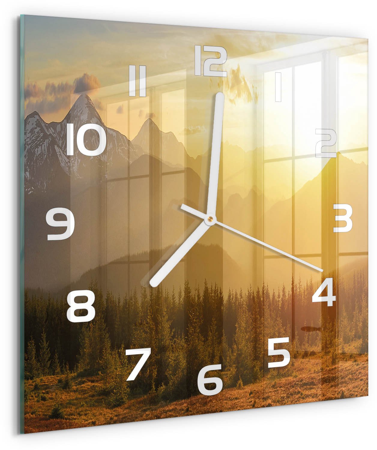 Tulup Wandklok - Bergen bij zonsondergang Glazen Klok Met Print - 30x30 cm - Geel Wandklok Glas Met Motief - Witte handen - Vierkante Klok - Wandklok Glas Decoratie - Gekleurde Glazen Klok