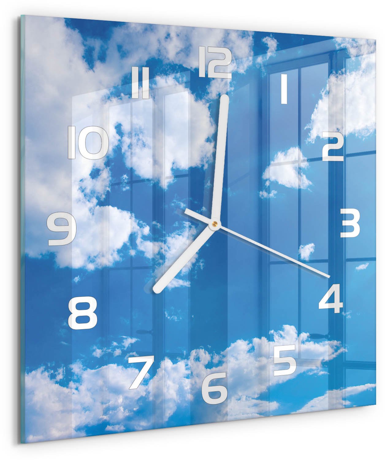 Tulup Wandklok - Wolken aan de hemel Glazen Klok Met Print - 30x30 cm - Blauw Wandklok Glas Met Motief - Witte handen - Vierkante Klok - Wandklok Glas Decoratie - Gekleurde Glazen Klok